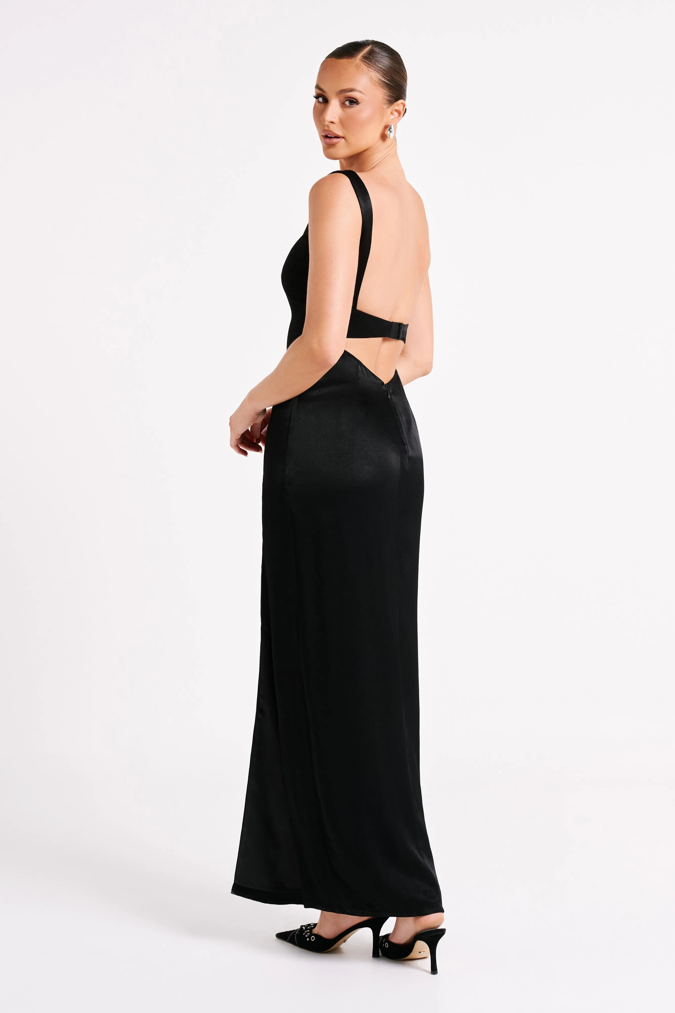 Verana Backless Satin Maxi Dress - Black sold by Meshki