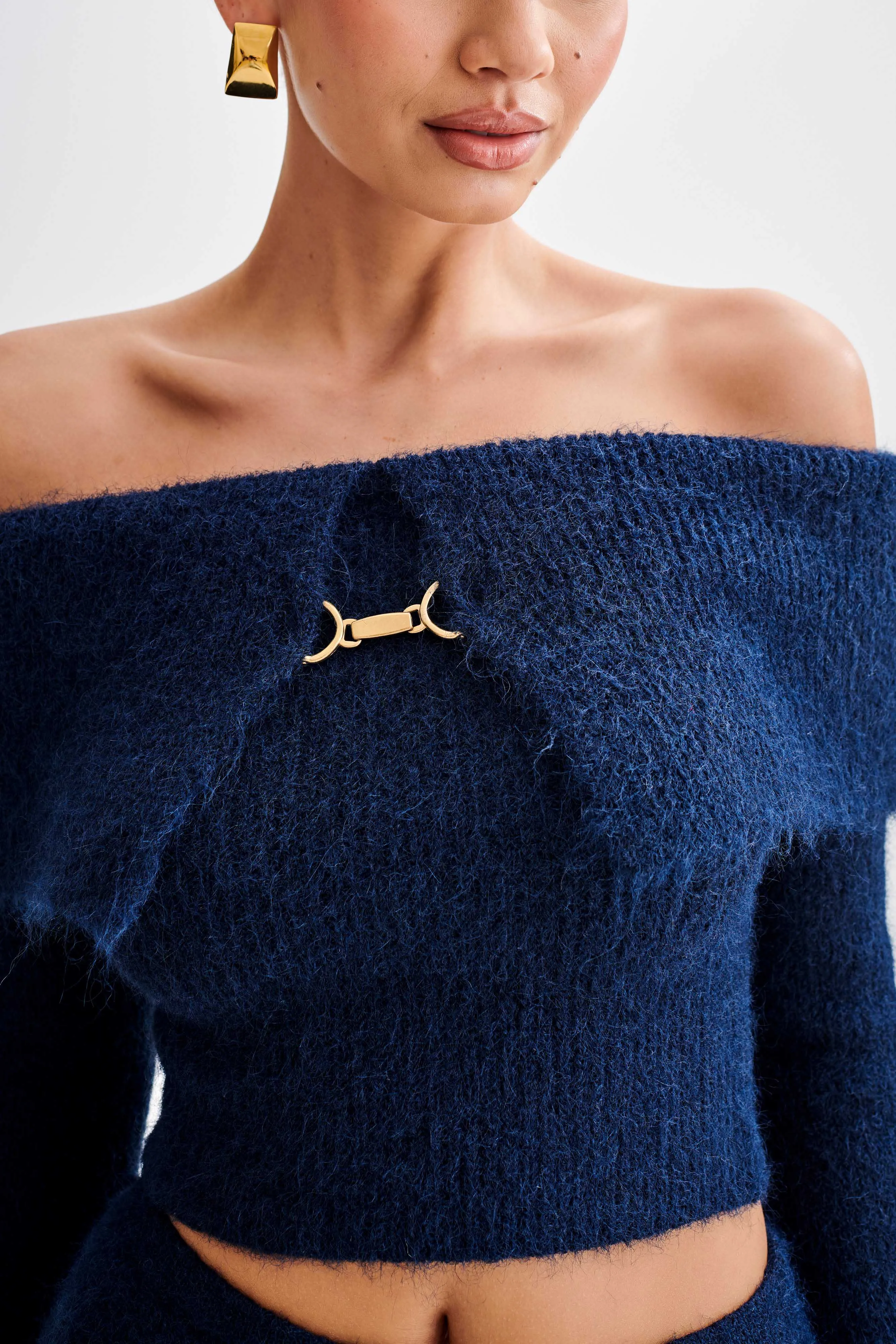 Baxter Off Shoulder Fluffy Knit Top - Navy sold by Meshki product image thumbnail 2