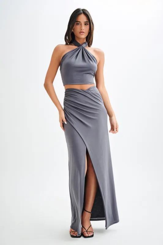 Bronwyn Slinky Ruched Maxi Skirt With Split - Charcoal sold by Meshki