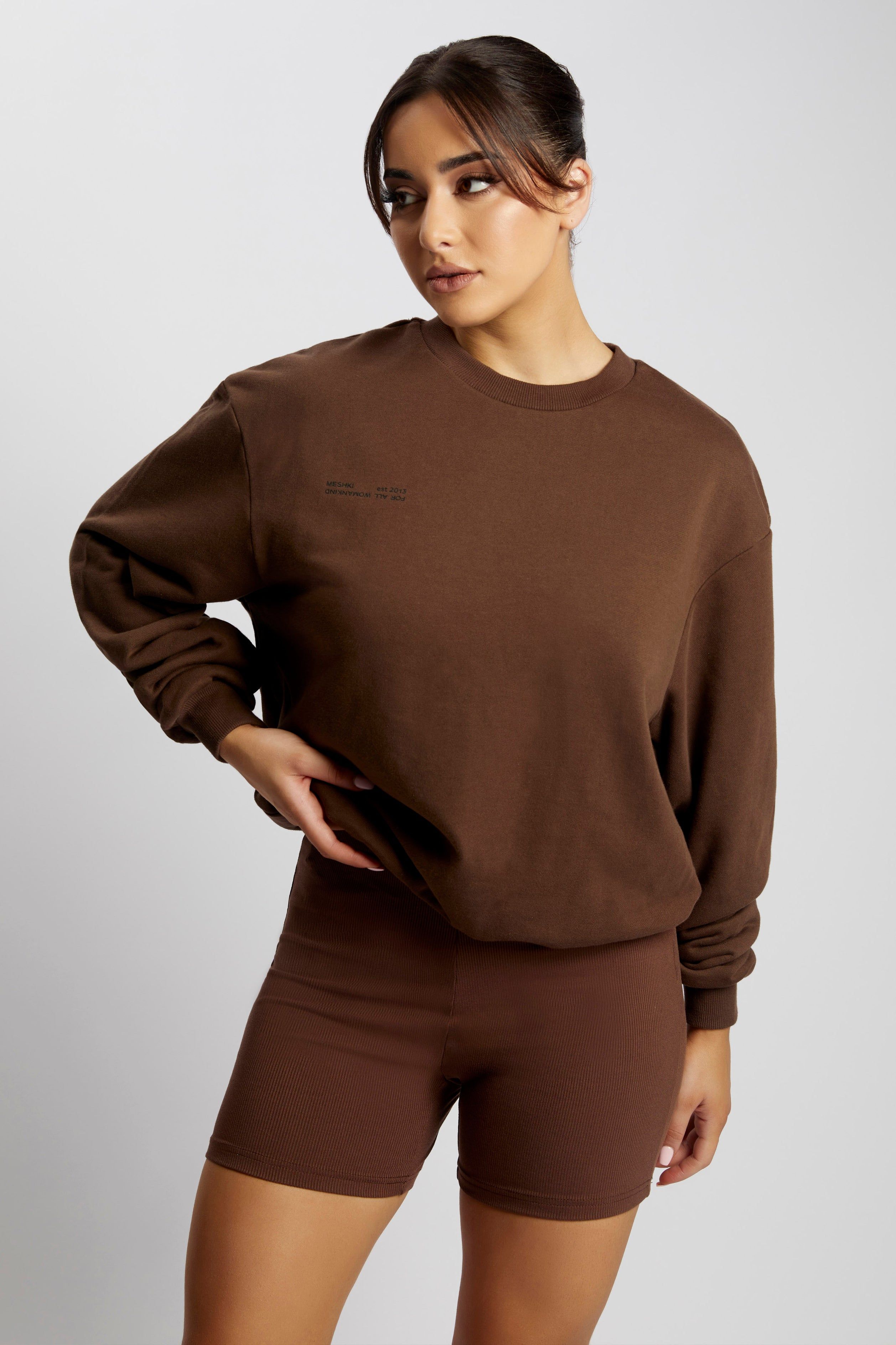 Blake Longline Loopback Crew Neck Jumper - Chocolate sold by Meshki product image thumbnail 9