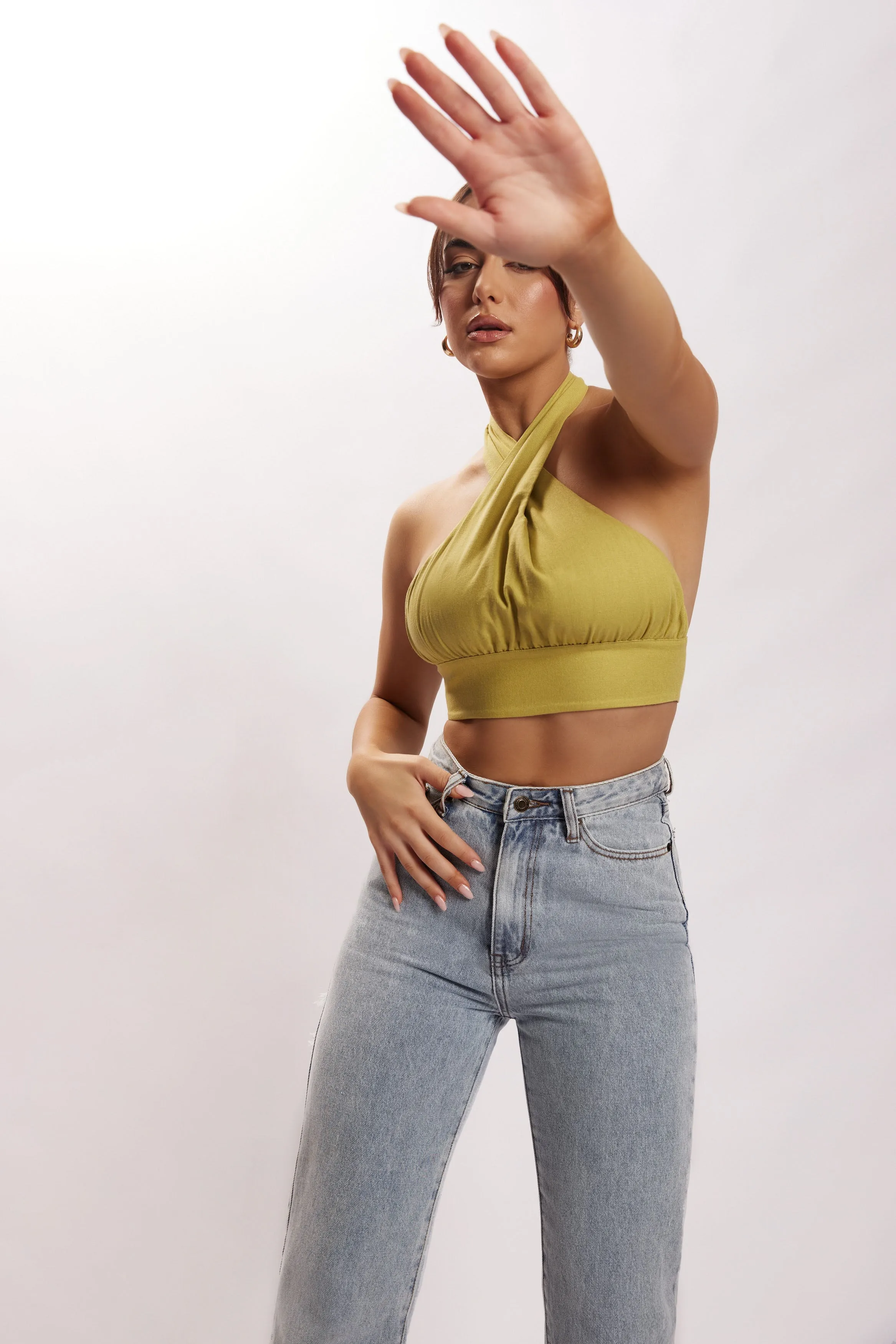 Piper Halter Neck Linen Crop Top - Apple sold by Meshki product image thumbnail 4