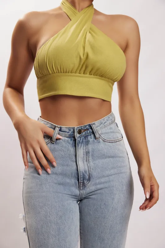 Piper Halter Neck Linen Crop Top - Apple sold by Meshki