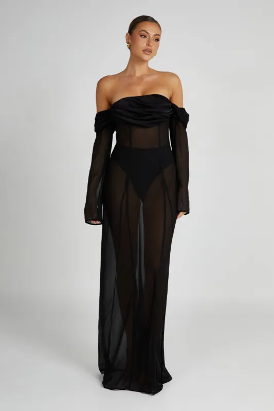 Ivanna Off Shoulder Chiffon Maxi Dress - Black sold by Meshki