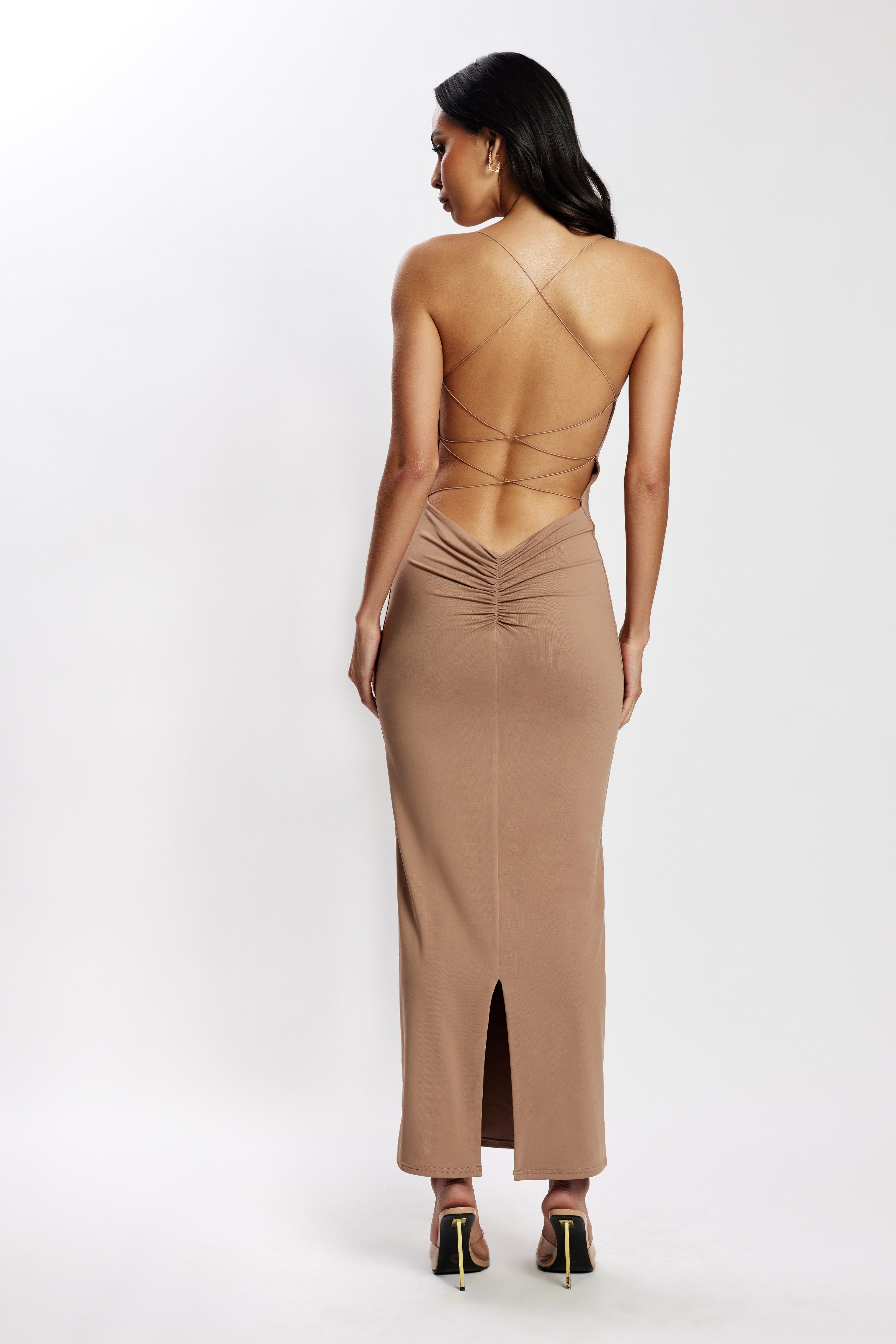 Sabine Backless Maxi Dress - Latte sold by Meshki