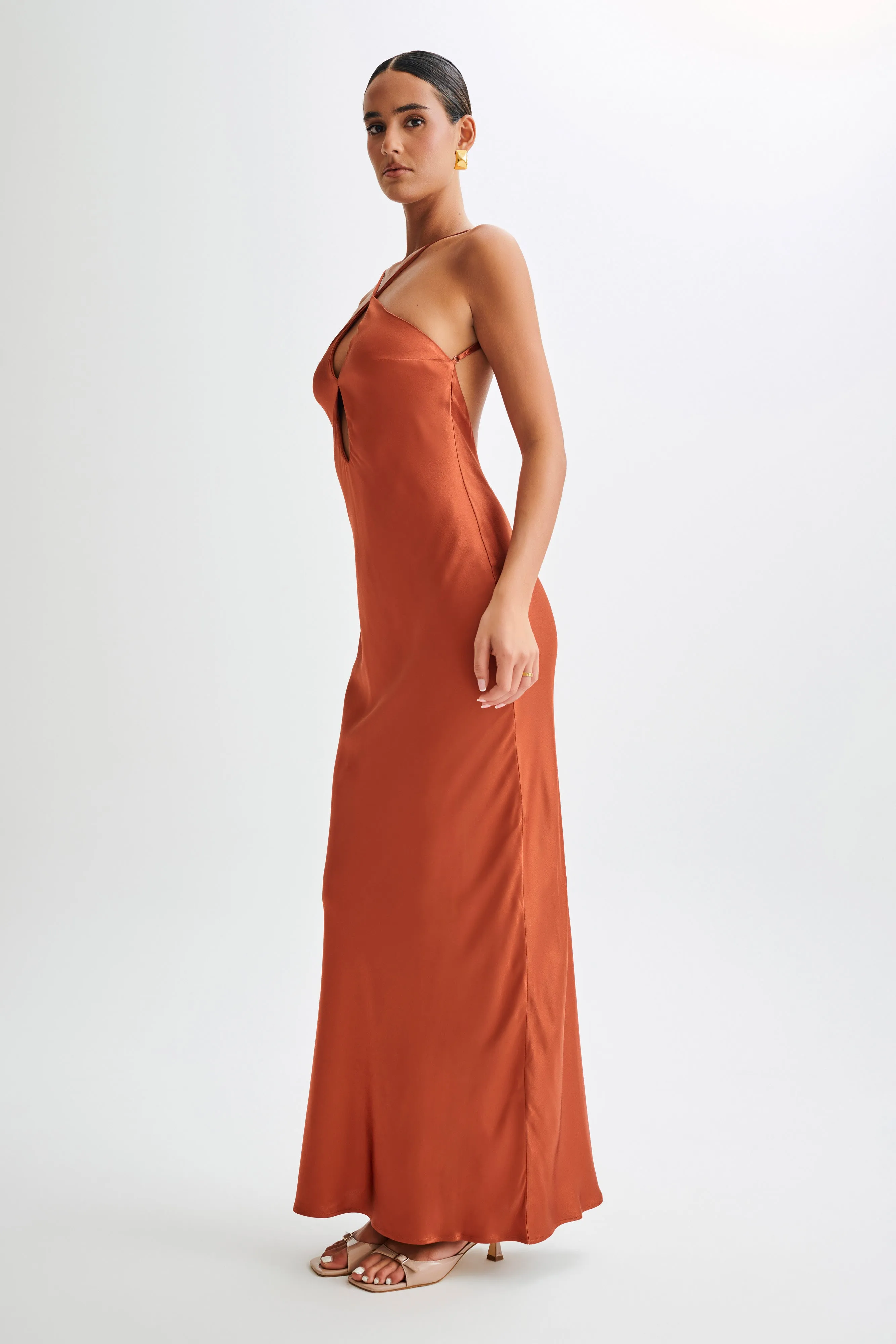 Lucia Satin Cut Out Maxi Dress - Burnt Orange sold by Meshki product image thumbnail 4