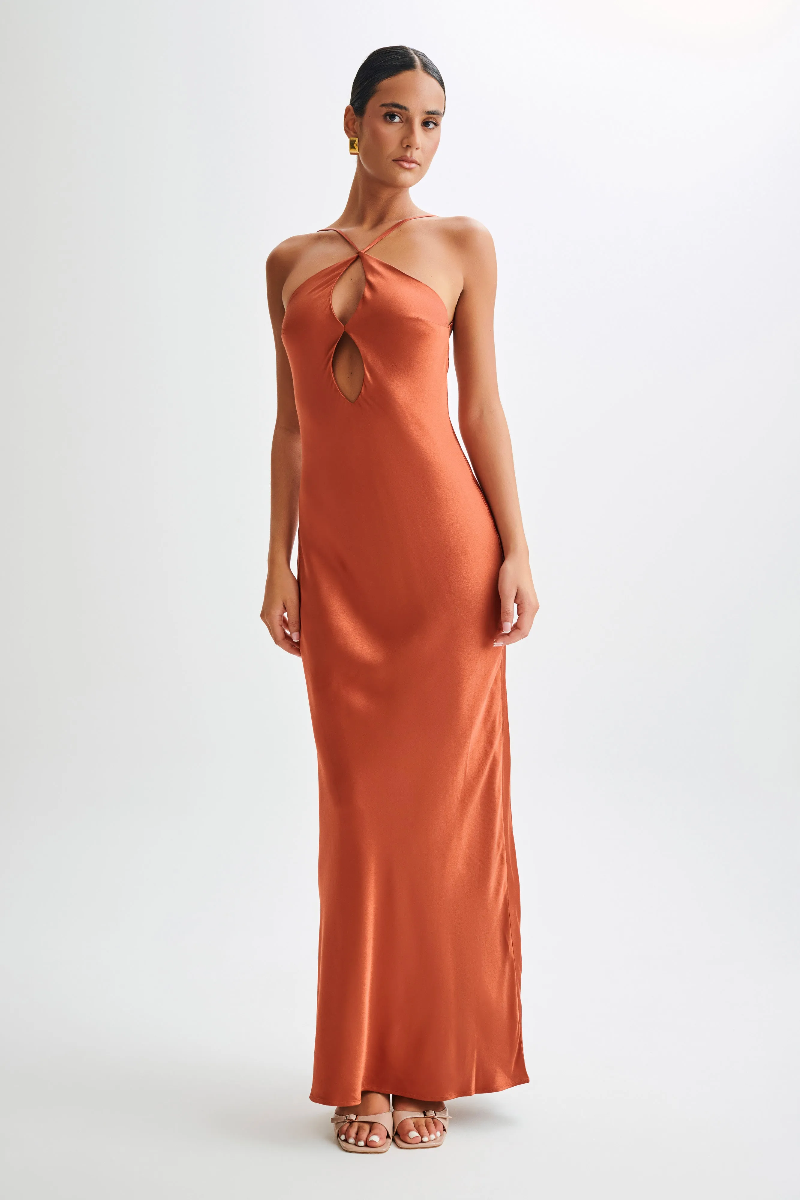 Lucia Satin Cut Out Maxi Dress - Burnt Orange sold by Meshki