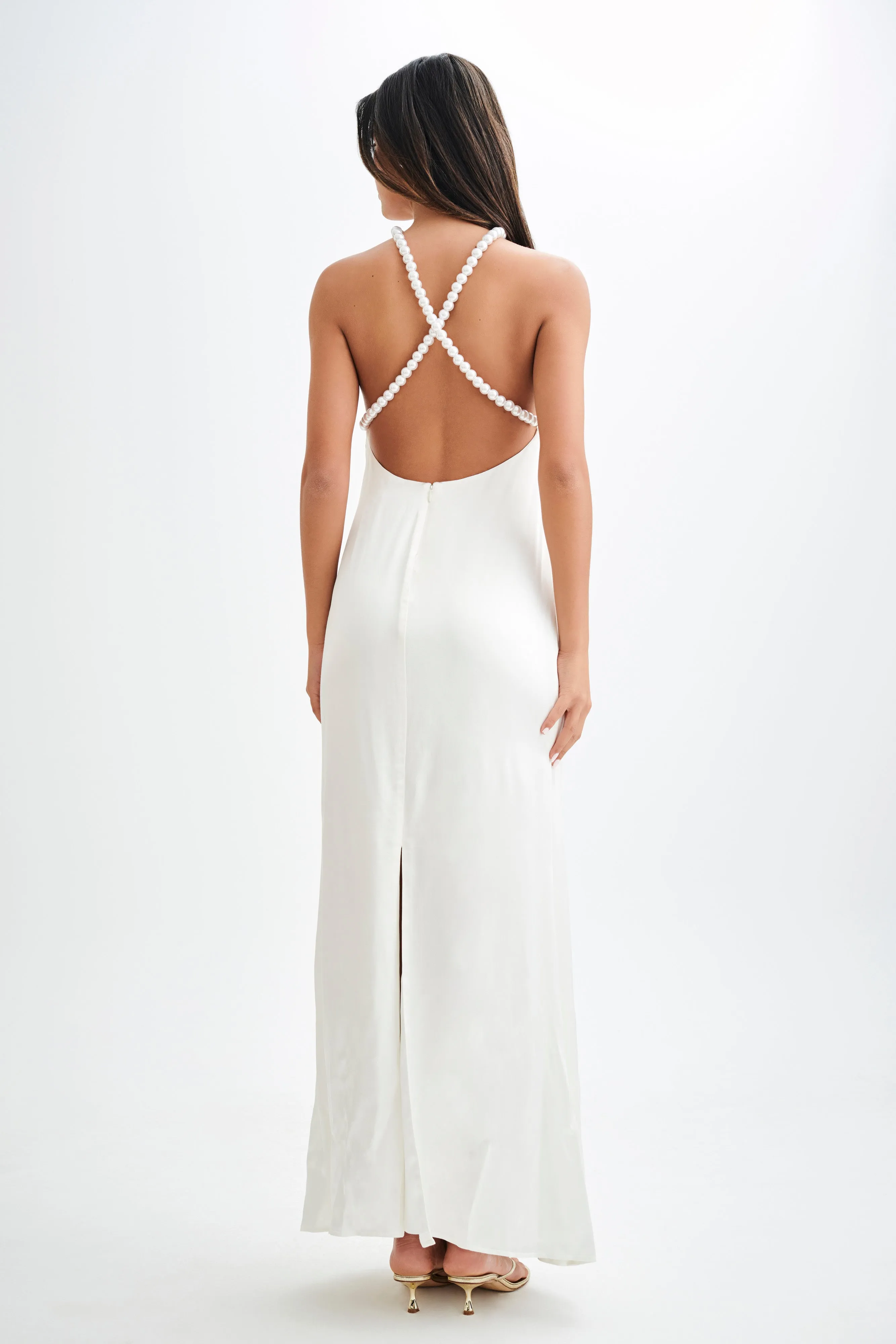 Blanche Satin Pearl Halter Maxi Dress - White sold by Meshki product image thumbnail 3
