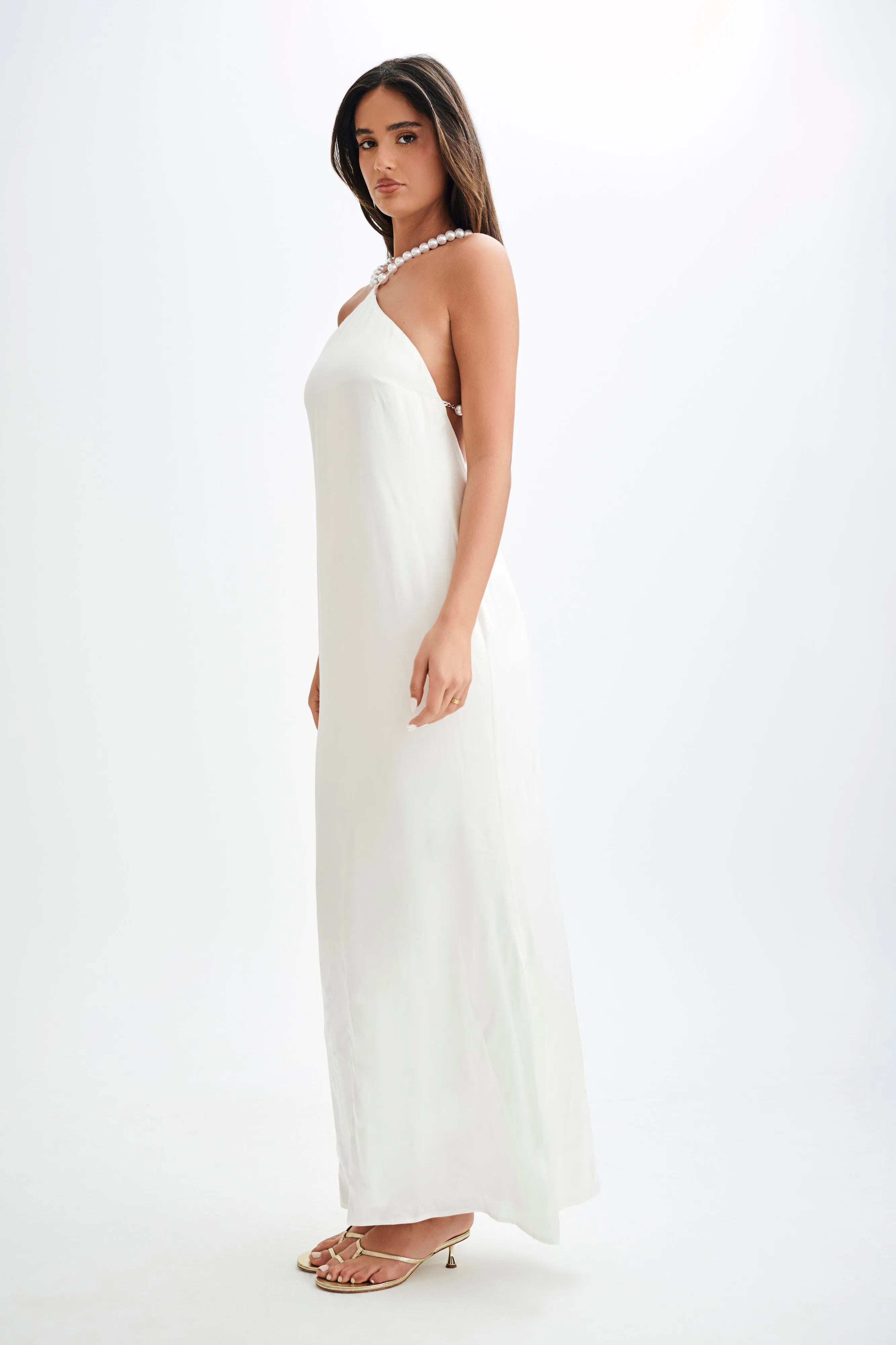 Blanche Satin Pearl Halter Maxi Dress - White sold by Meshki product image thumbnail 5