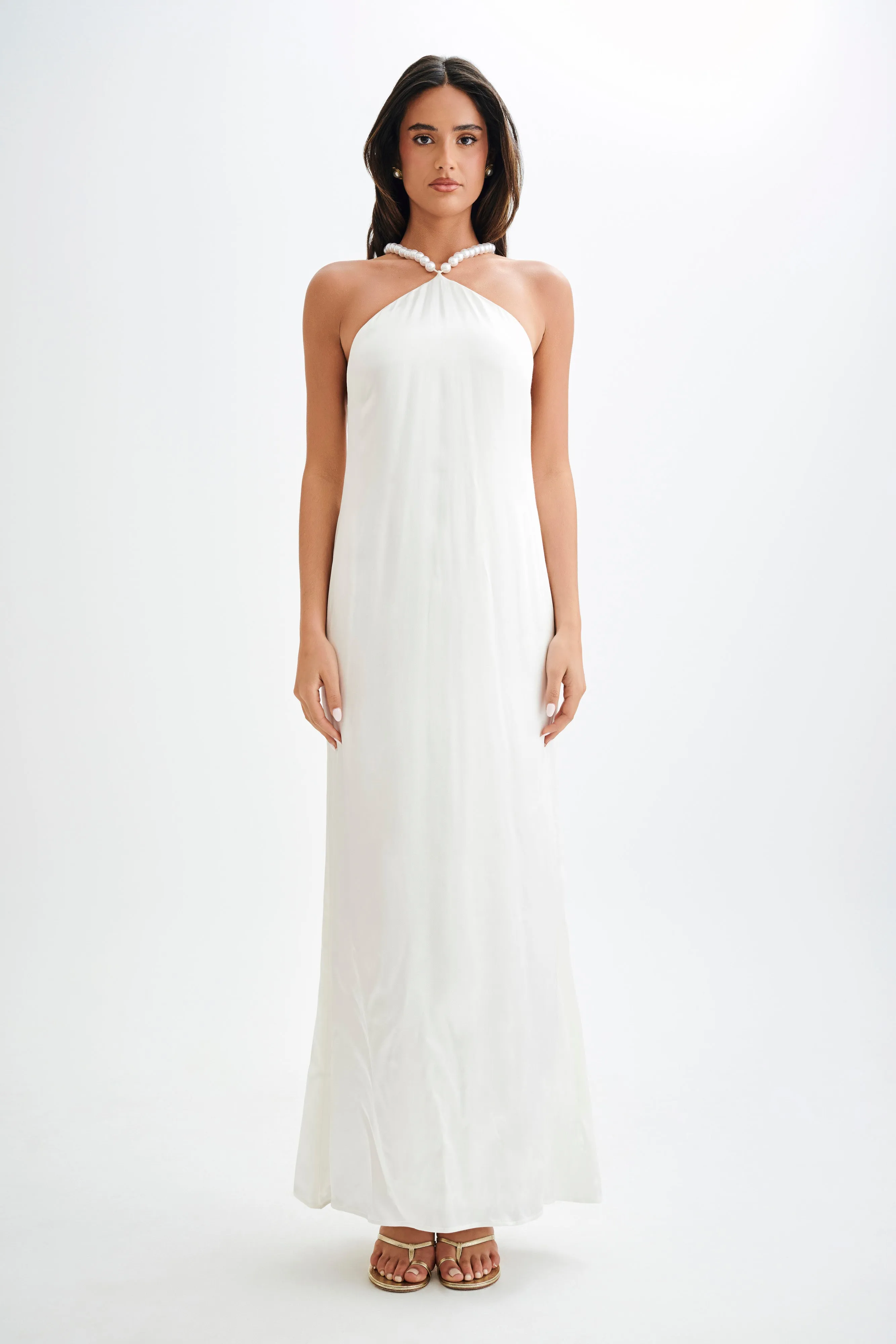 Blanche Satin Pearl Halter Maxi Dress - White sold by Meshki product image thumbnail 2