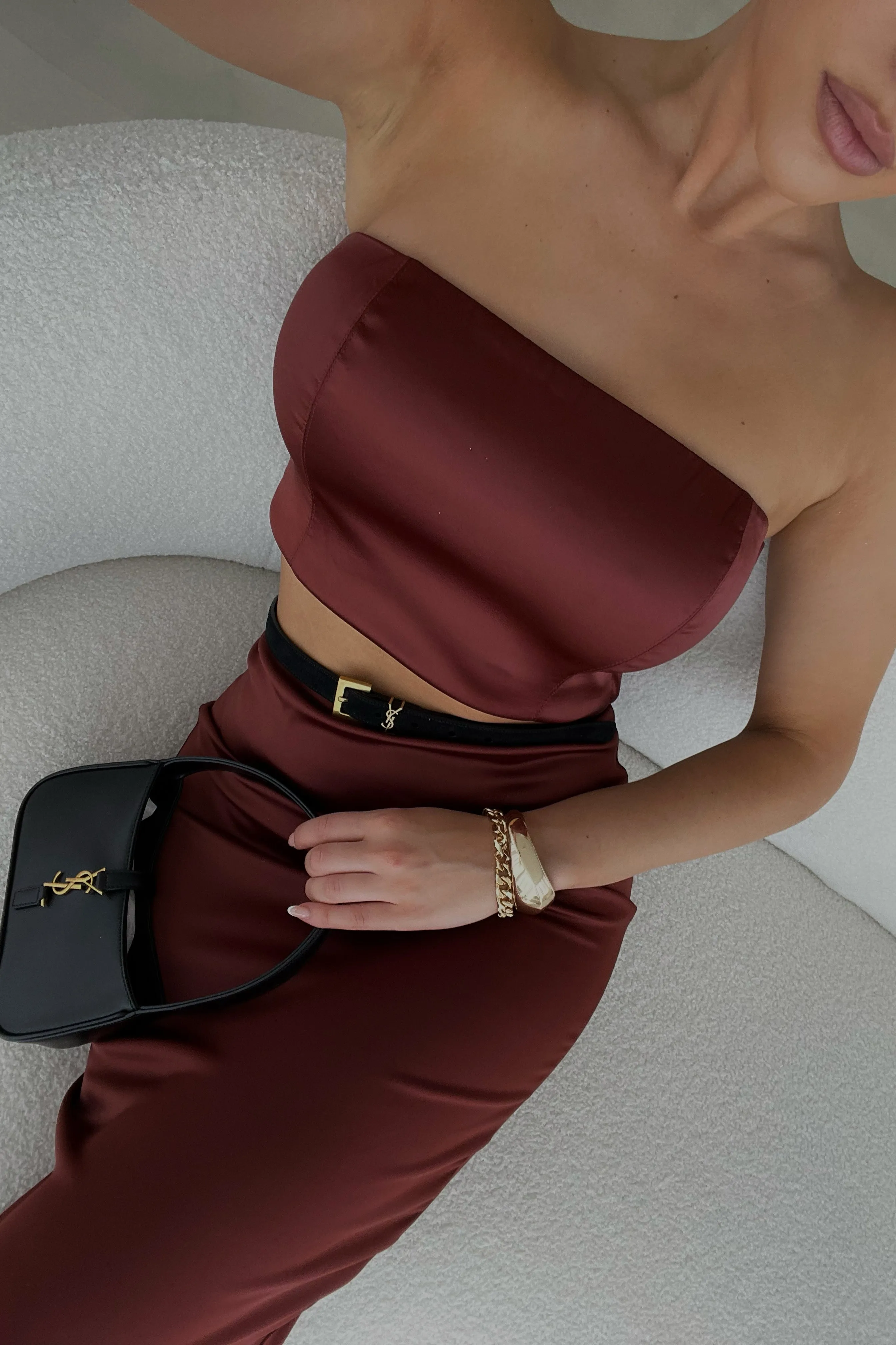 Monique Satin Tube Top - Cherry Chocolate sold by Meshki