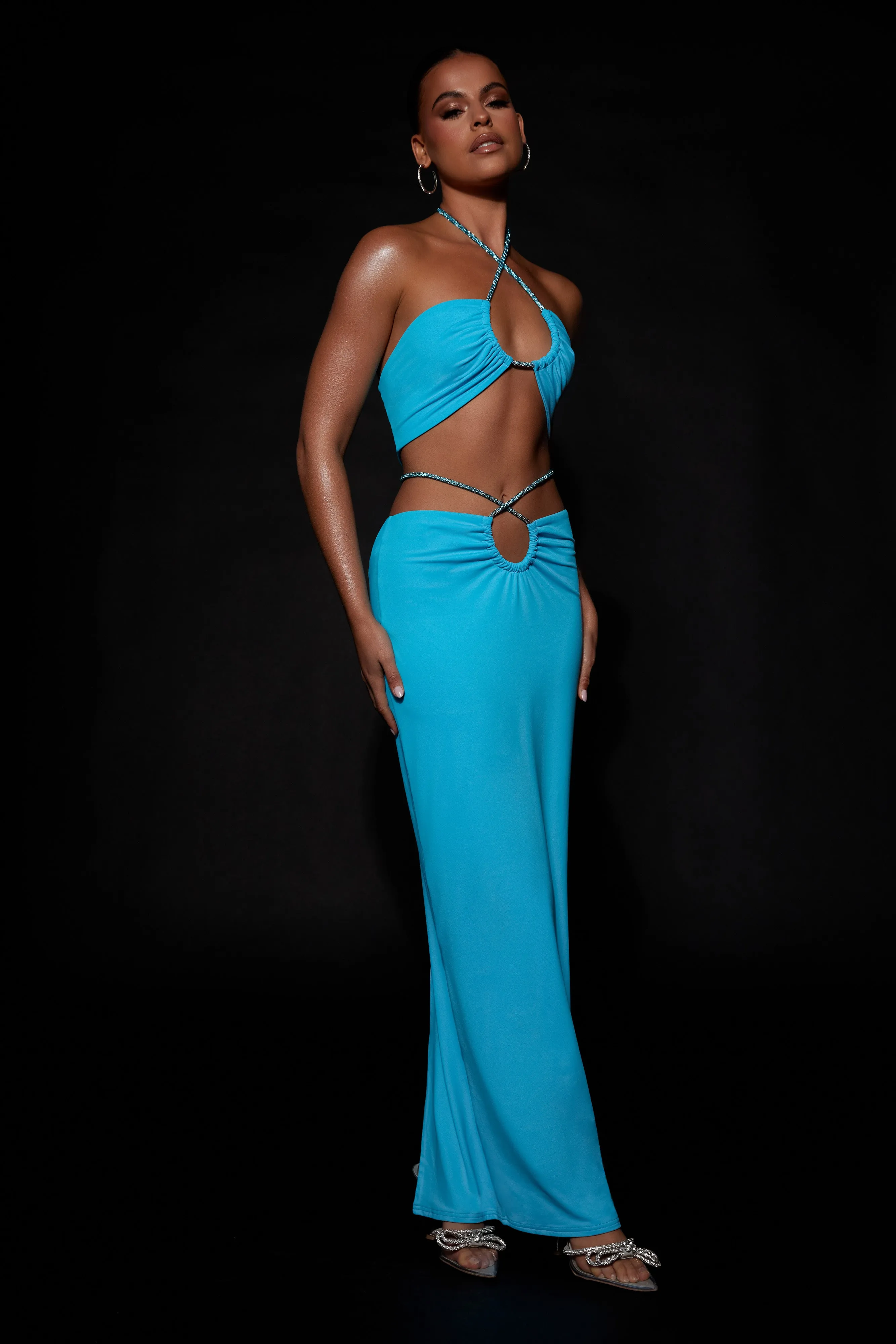 Ruby Diamante Rope Ruched Maxi Skirt - Cyan Blue sold by Meshki product image thumbnail 3