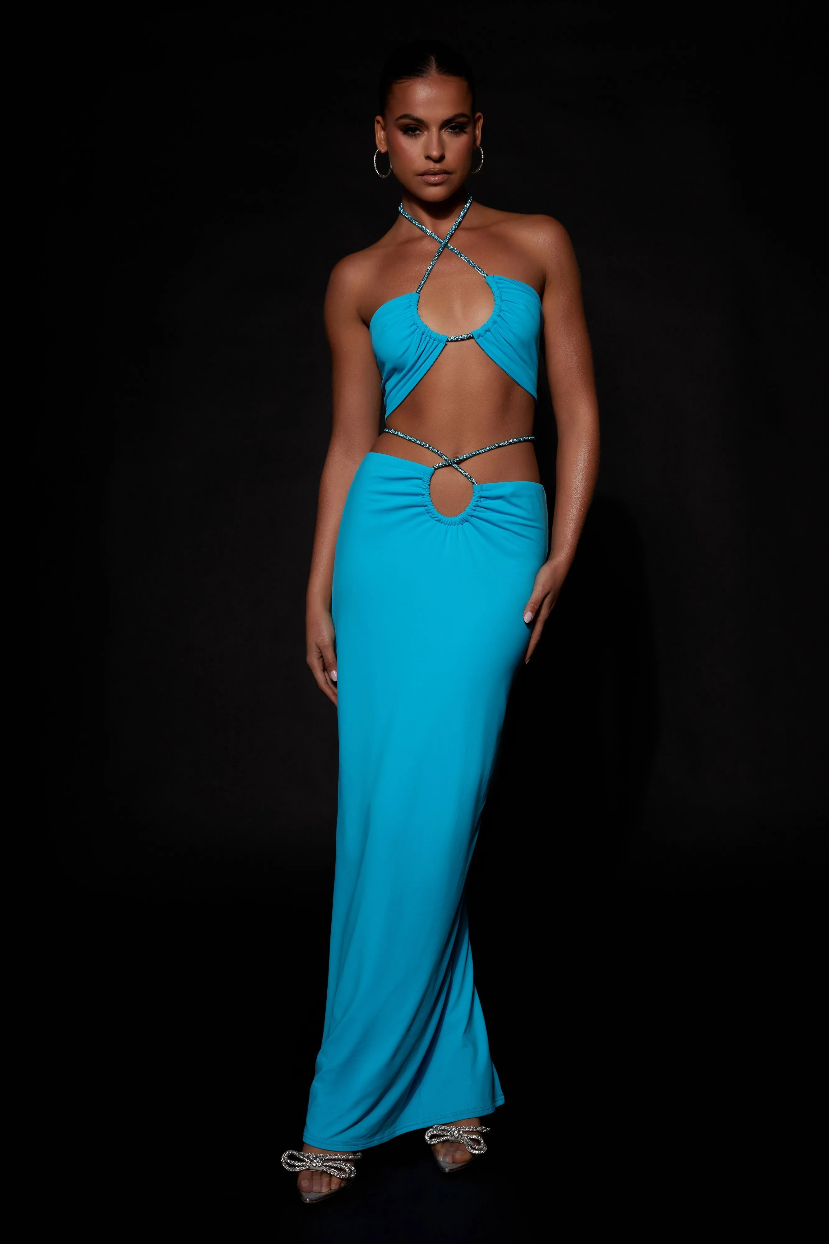 Ruby Diamante Rope Ruched Maxi Skirt - Cyan Blue sold by Meshki