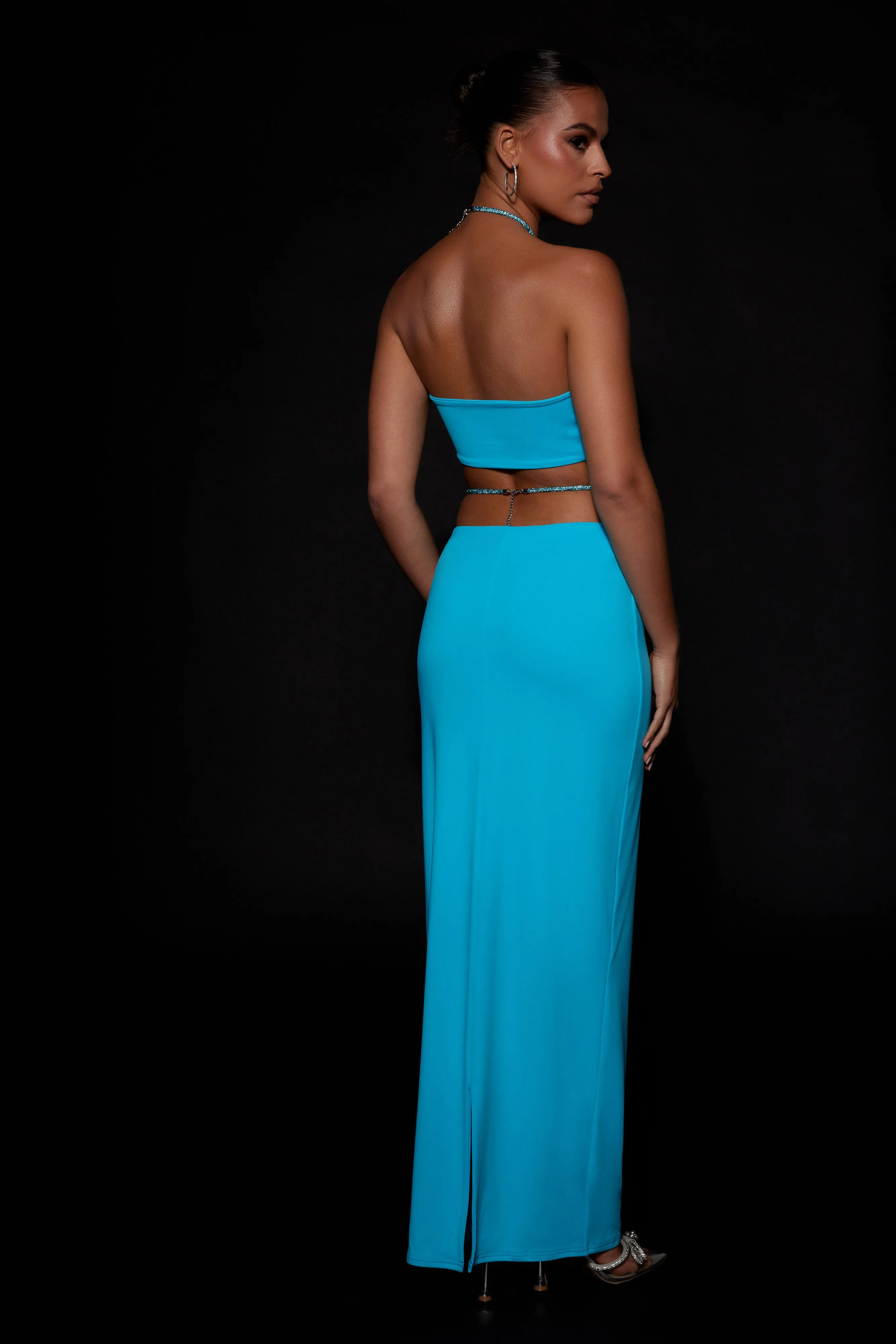 Ruby Diamante Rope Ruched Maxi Skirt - Cyan Blue sold by Meshki product image thumbnail 2