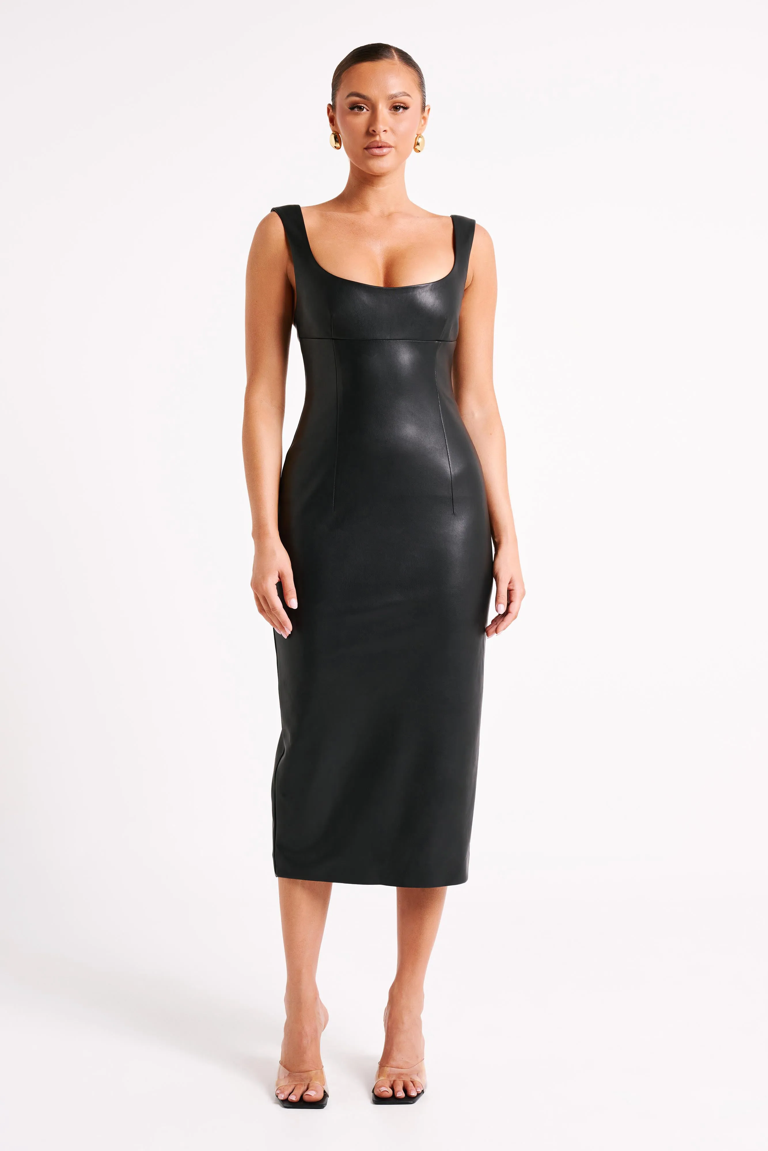 Cynthia Faux Leather Midi Dress - Black sold by Meshki
