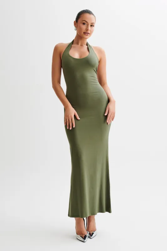 Jessica Modal Halter Maxi Dress - Military Olive sold by Meshki