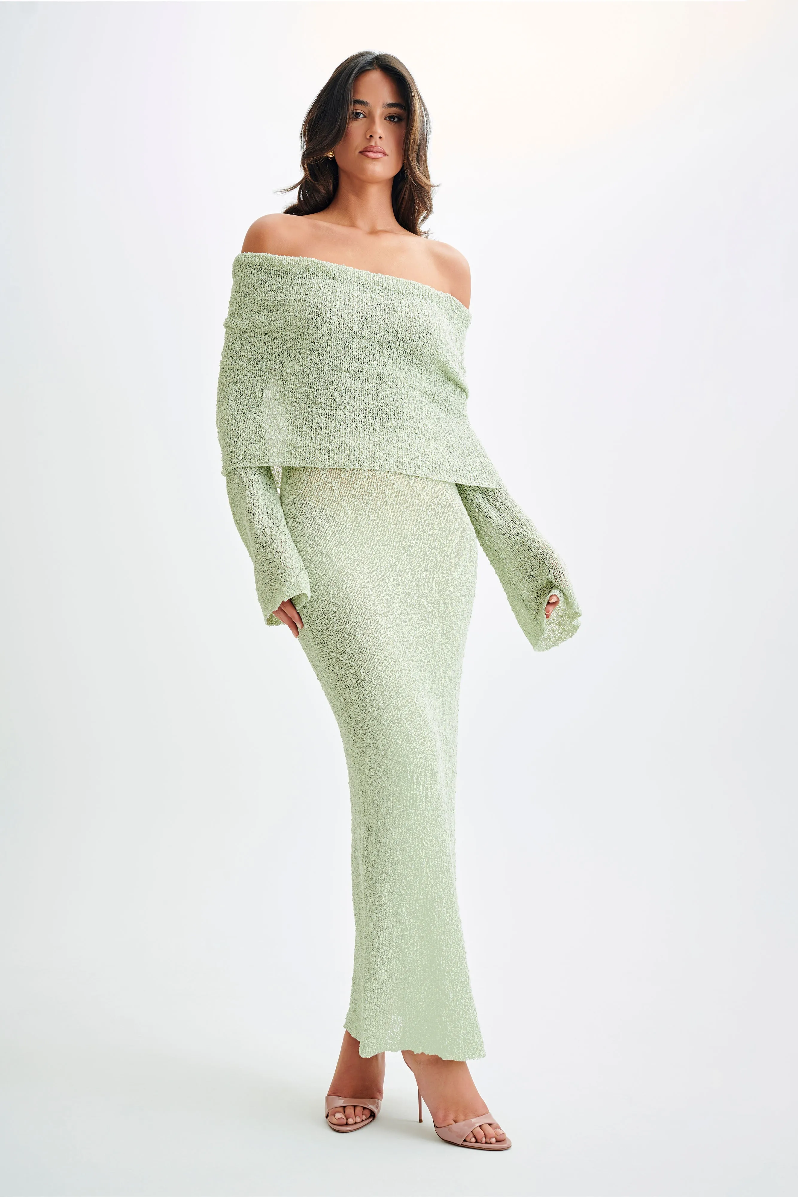 Marisol Off Shoulder Boucle Maxi Dress - Pastel Green sold by Meshki