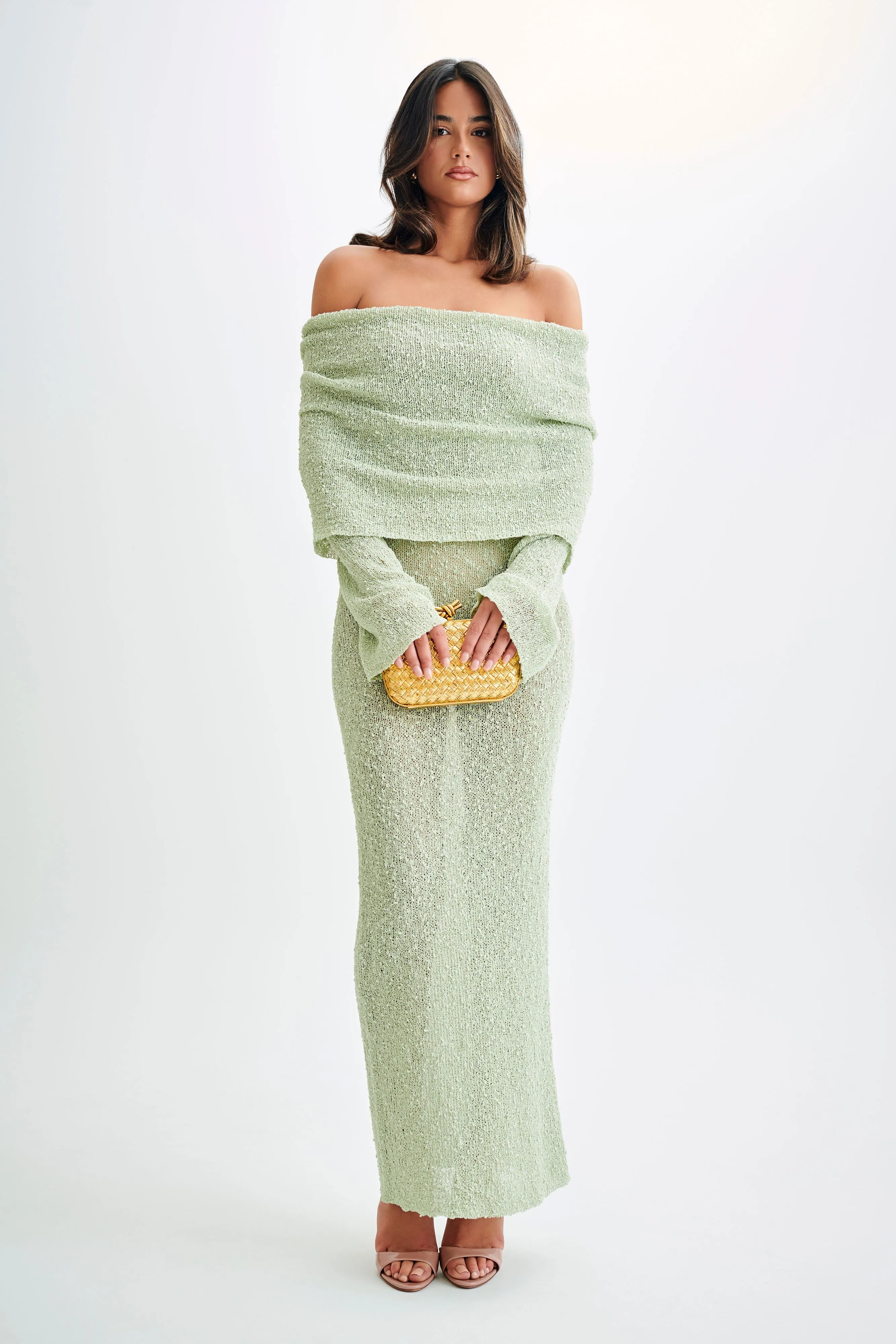 Marisol Off Shoulder Boucle Maxi Dress - Pastel Green sold by Meshki product image thumbnail 5