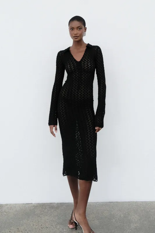 Dionne Lace Long Sleeve Midi Dress - Black sold by Meshki