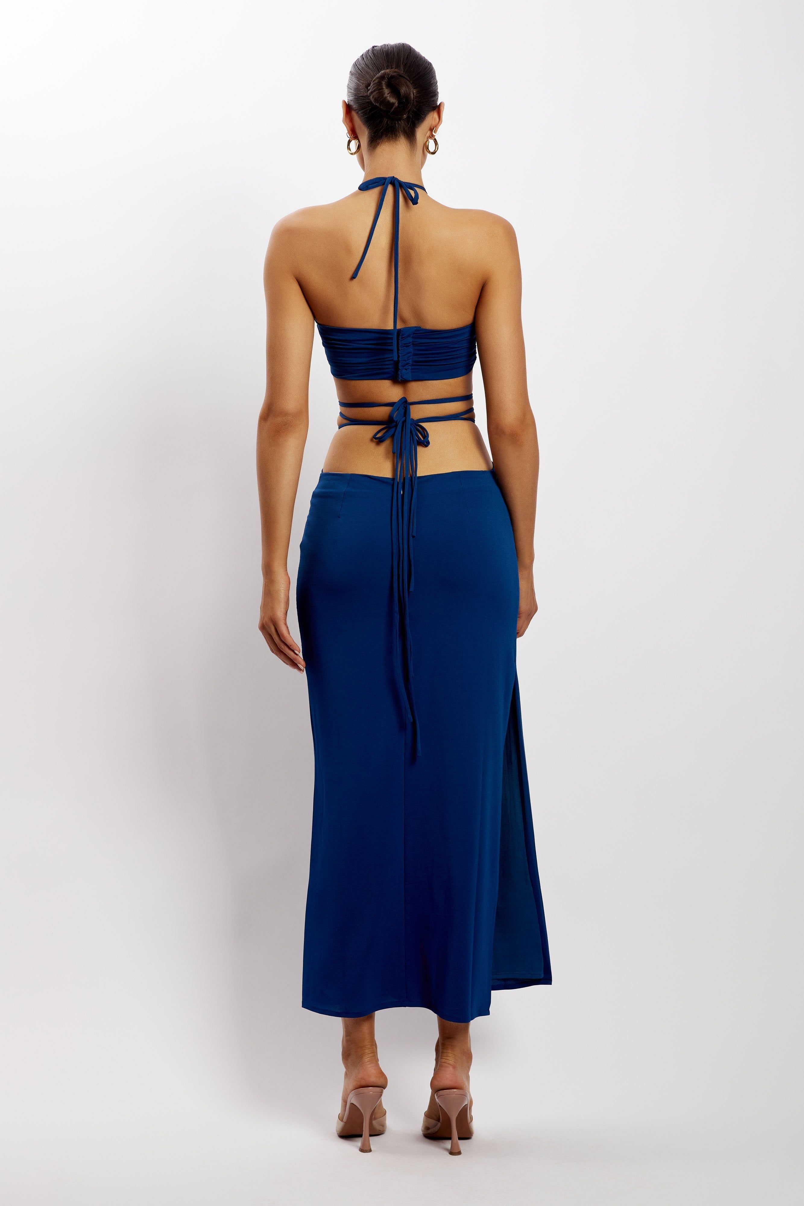 Sabrina Ruched Halter Crop Top - Navy sold by Meshki product image thumbnail 3
