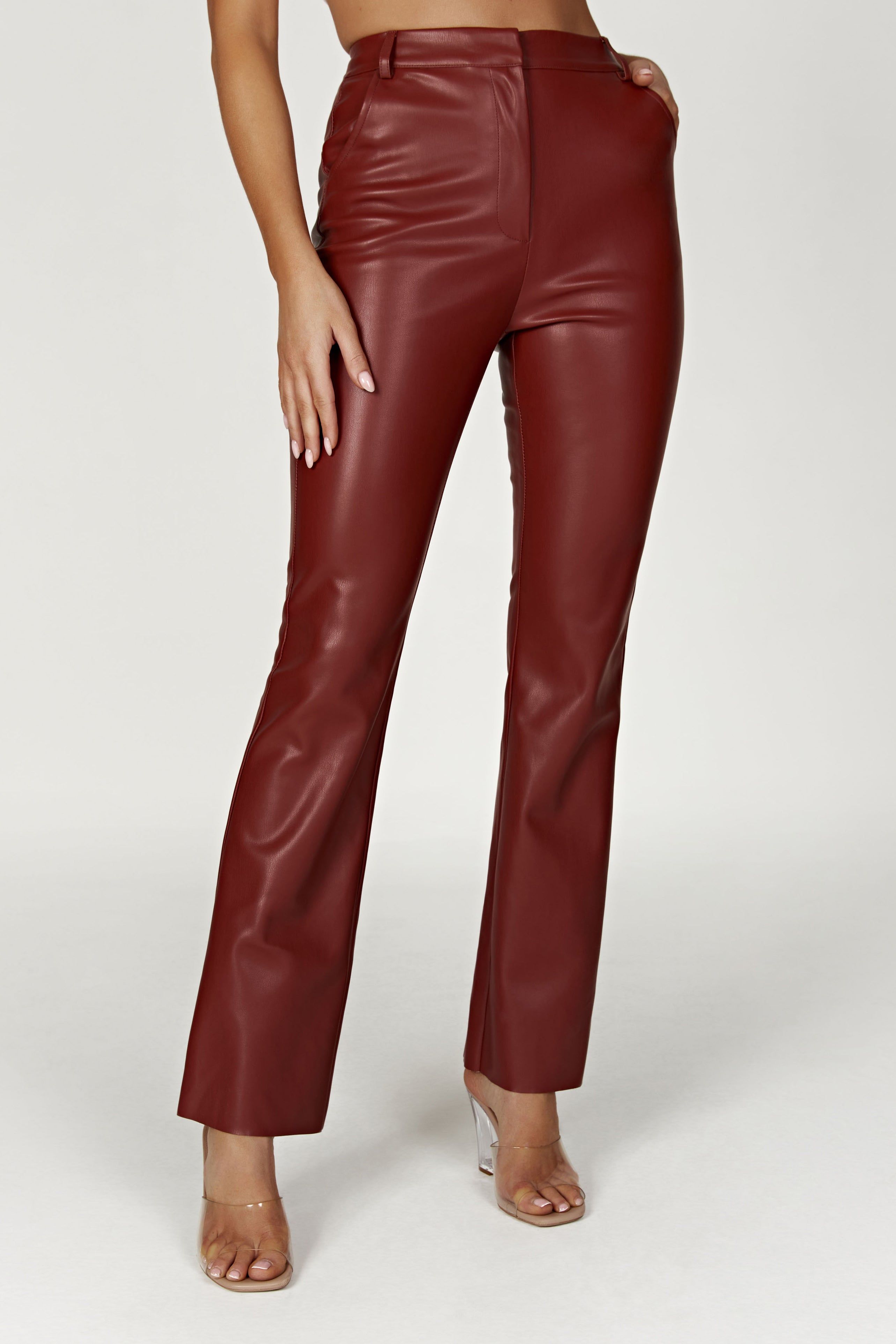 Tyra Straight Leg Faux Leather Pants - Cherry Chocolate sold by Meshki