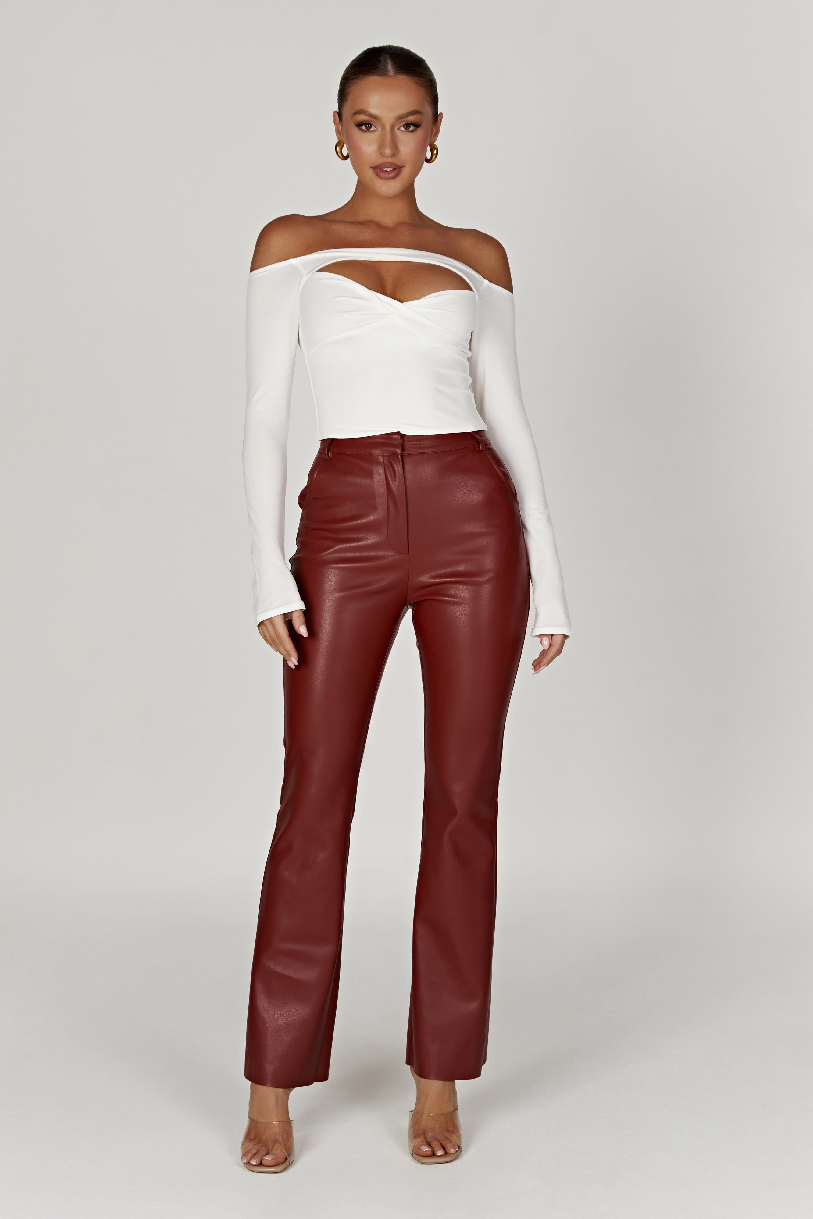 Tyra Straight Leg Faux Leather Pants - Cherry Chocolate sold by Meshki product image thumbnail 5