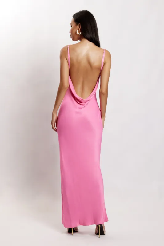 Jade Cowl Neck Backless Maxi Dress - Pink sold by Meshki