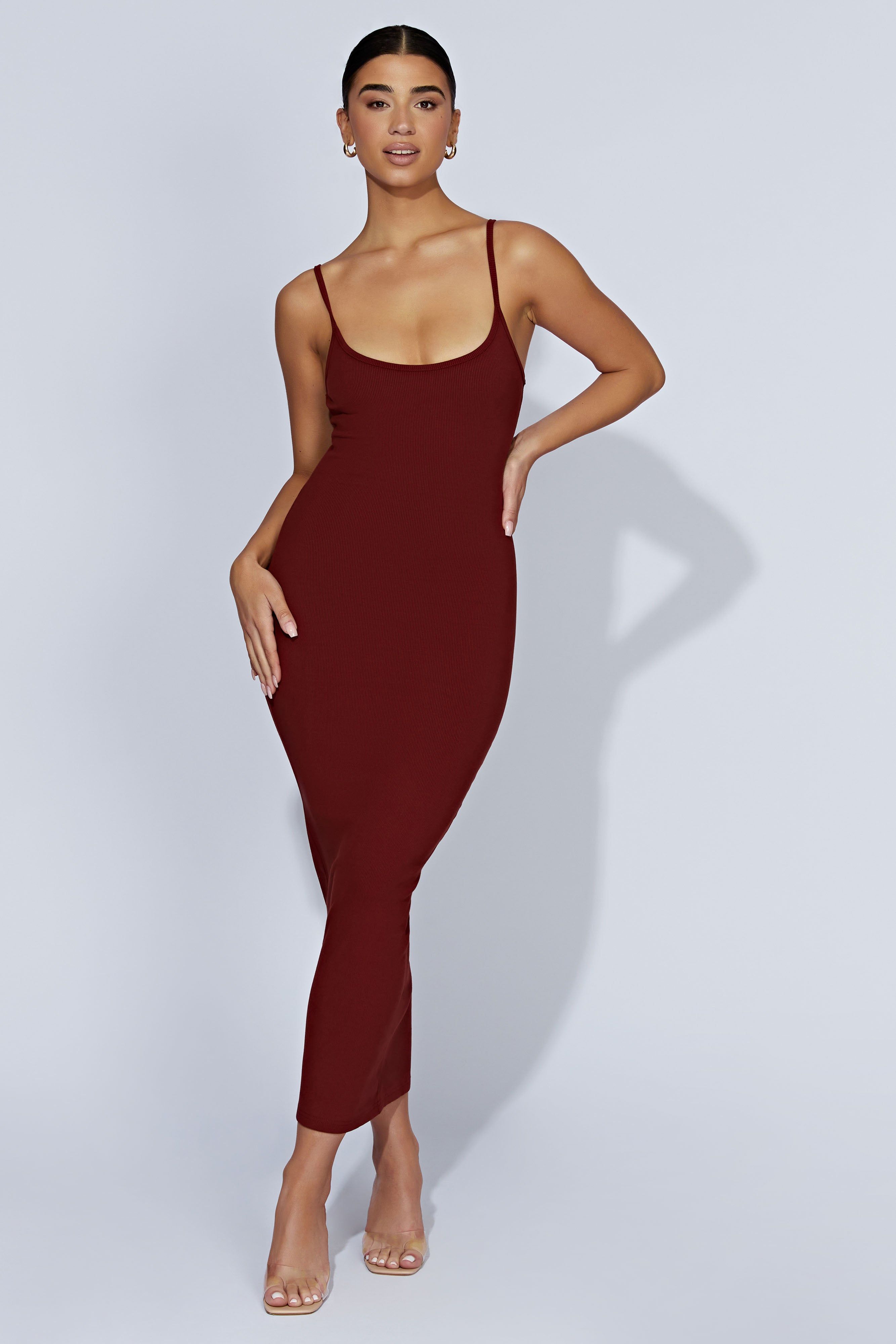 Alexis Ribbed Cami Midi Dress - Cherry Chocolate sold by Meshki