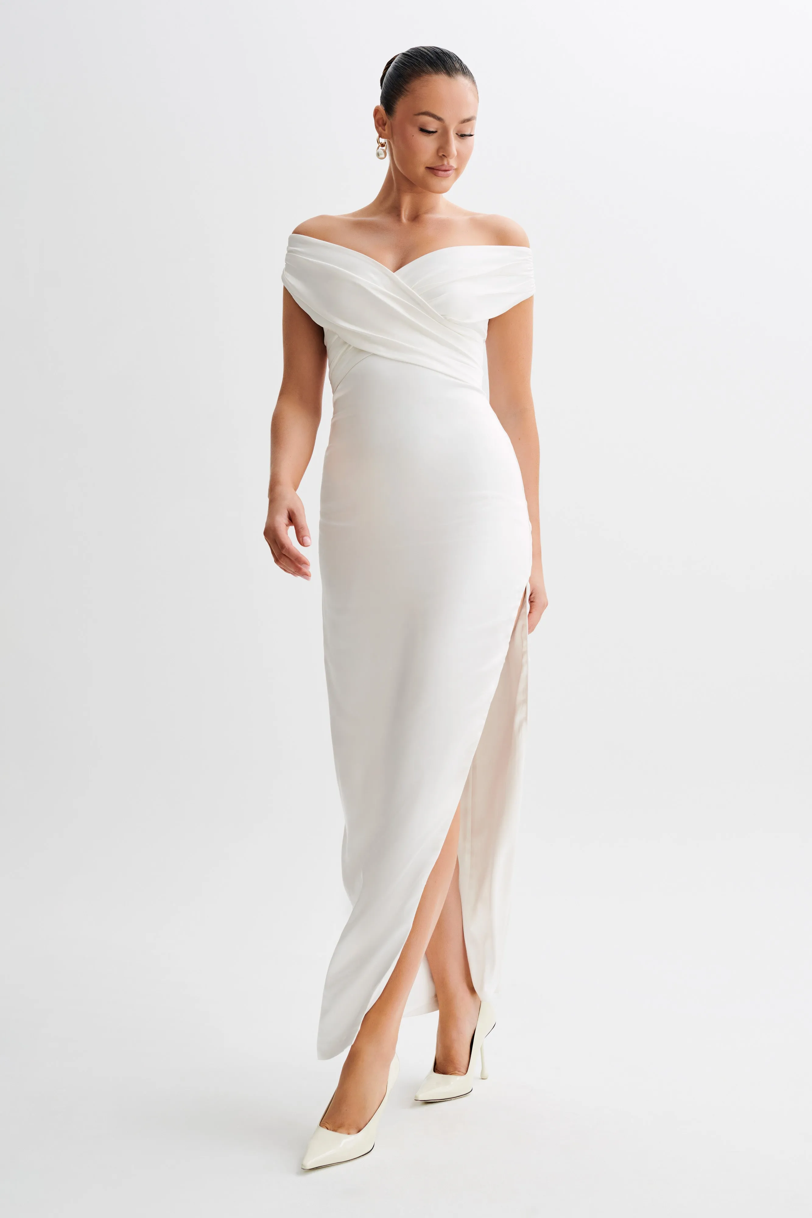 Harley Off Shoulder Satin Maxi Dress - Ivory sold by Meshki product image thumbnail 4