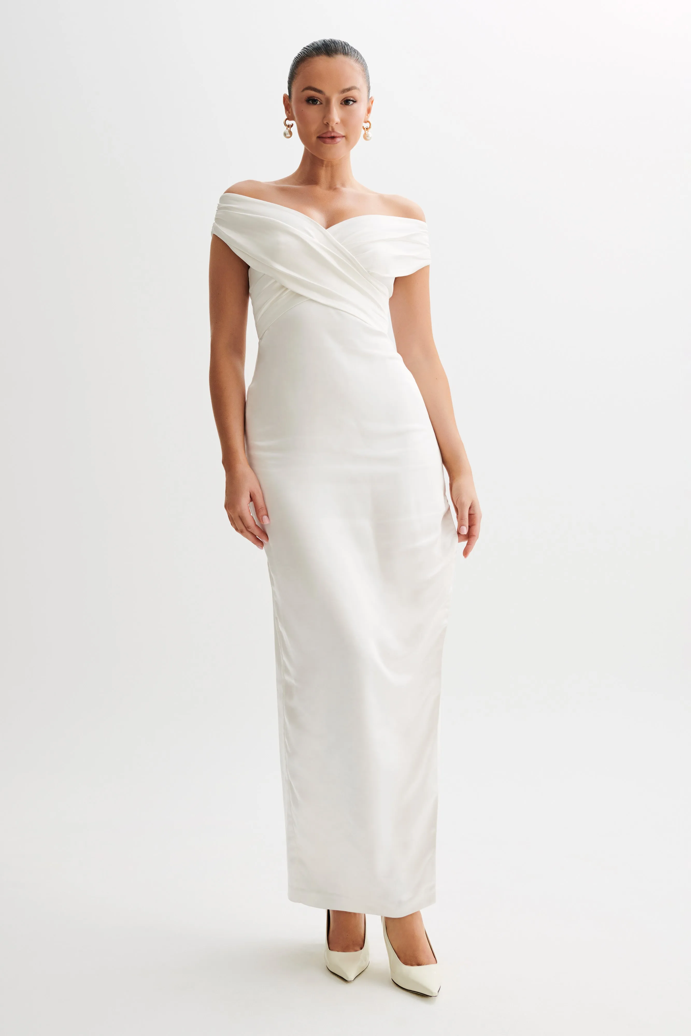 Harley Off Shoulder Satin Maxi Dress - Ivory sold by Meshki