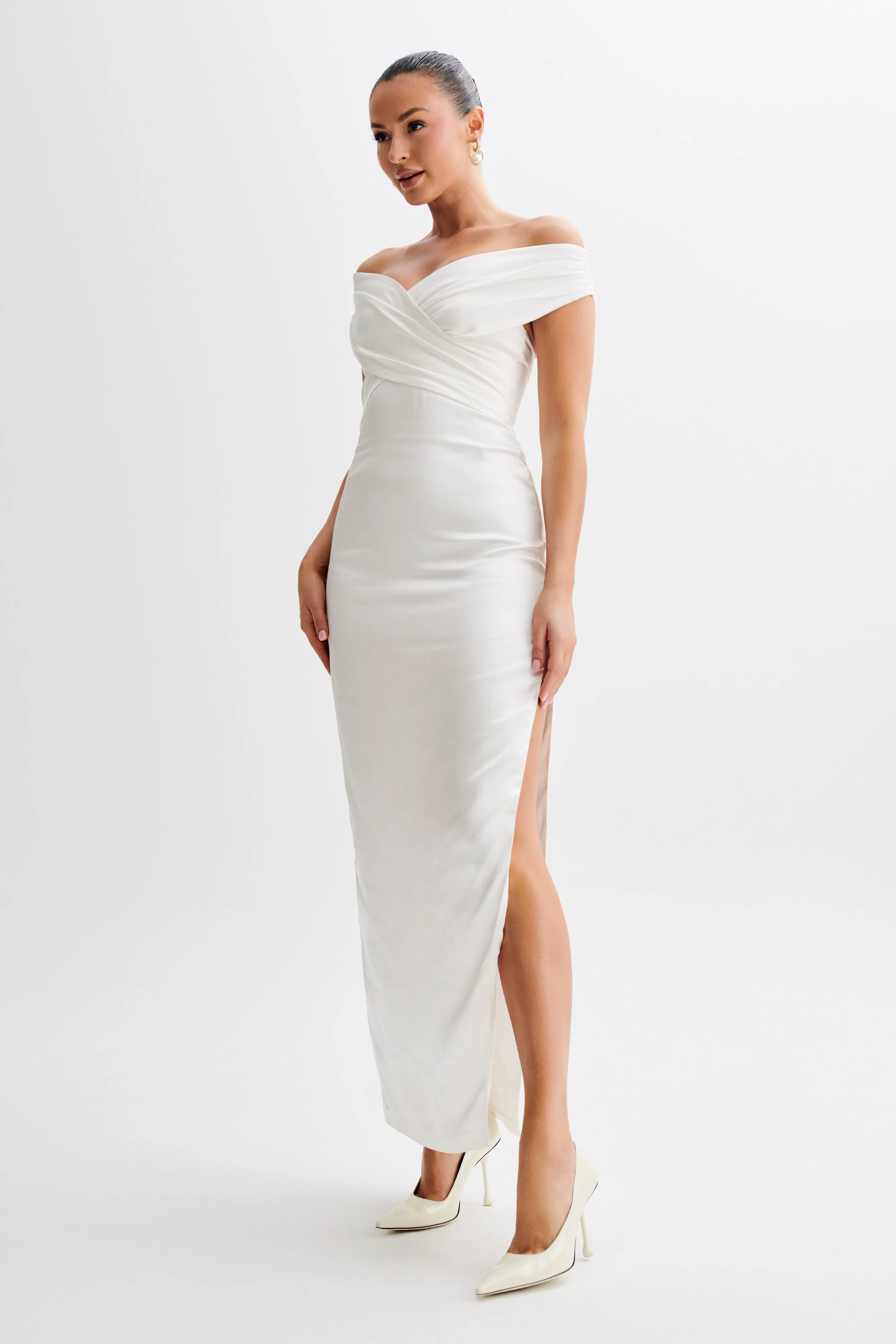 Harley Off Shoulder Satin Maxi Dress - Ivory sold by Meshki product image thumbnail 5