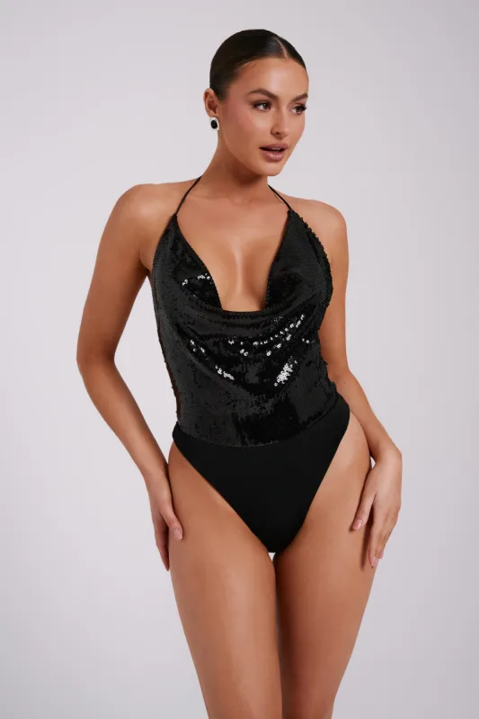 Nathalie Sequin Cowl Bodysuit - Black sold by Meshki