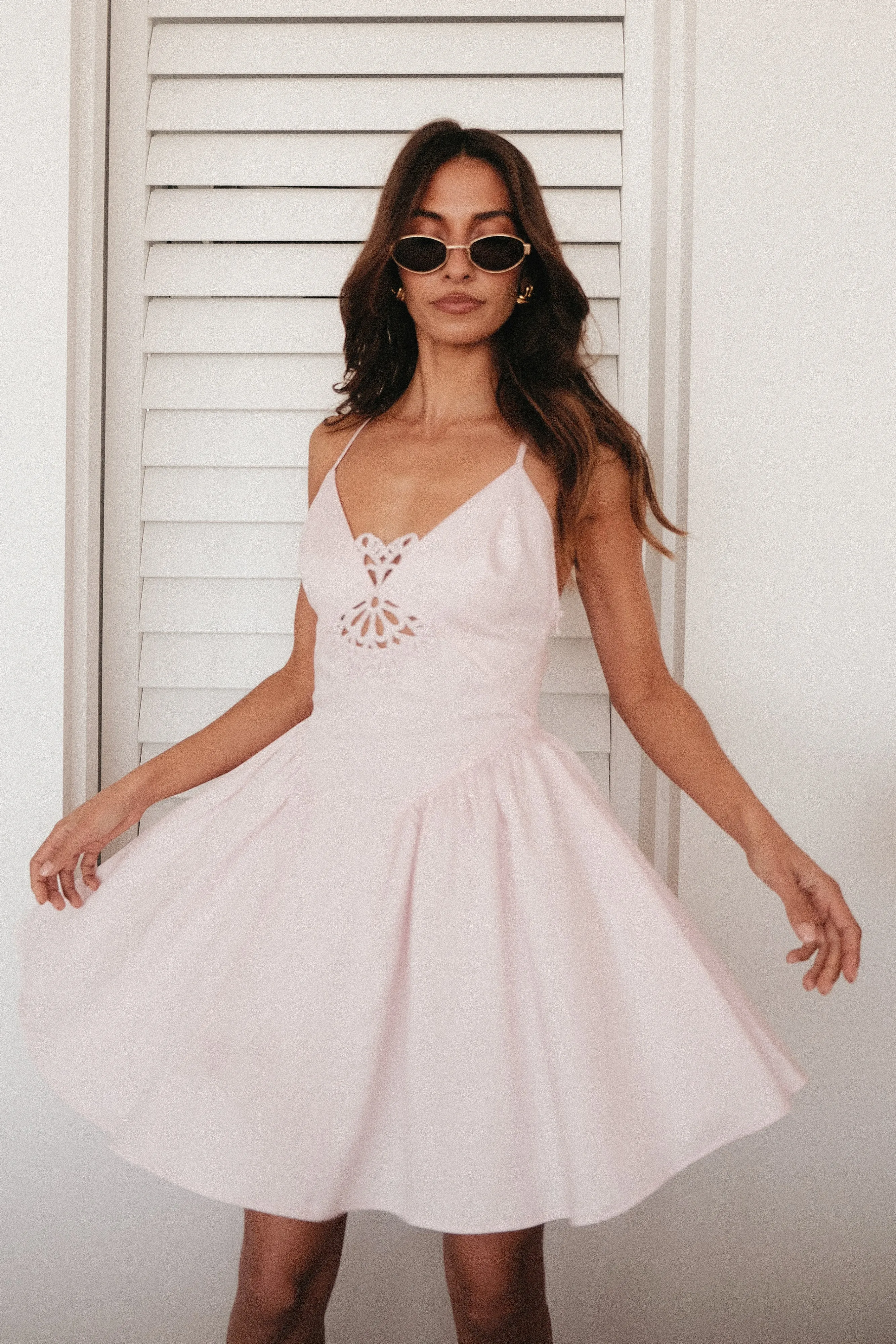 Muriel Cotton Mini Dress With Crochet - Powder Pink sold by Meshki