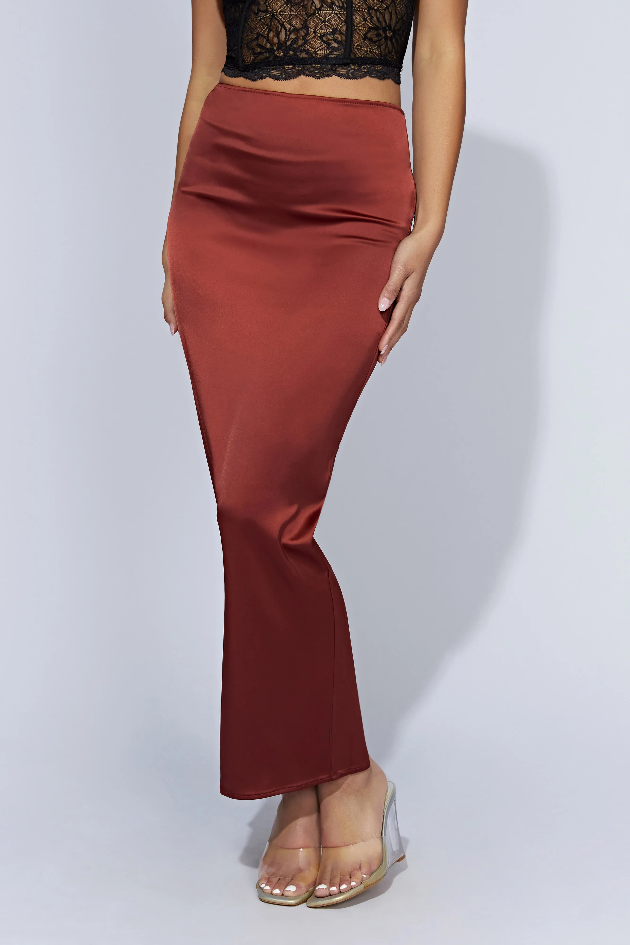 Mariah Maxi Satin Skirt - Cherry Chocolate sold by Meshki product image thumbnail 2