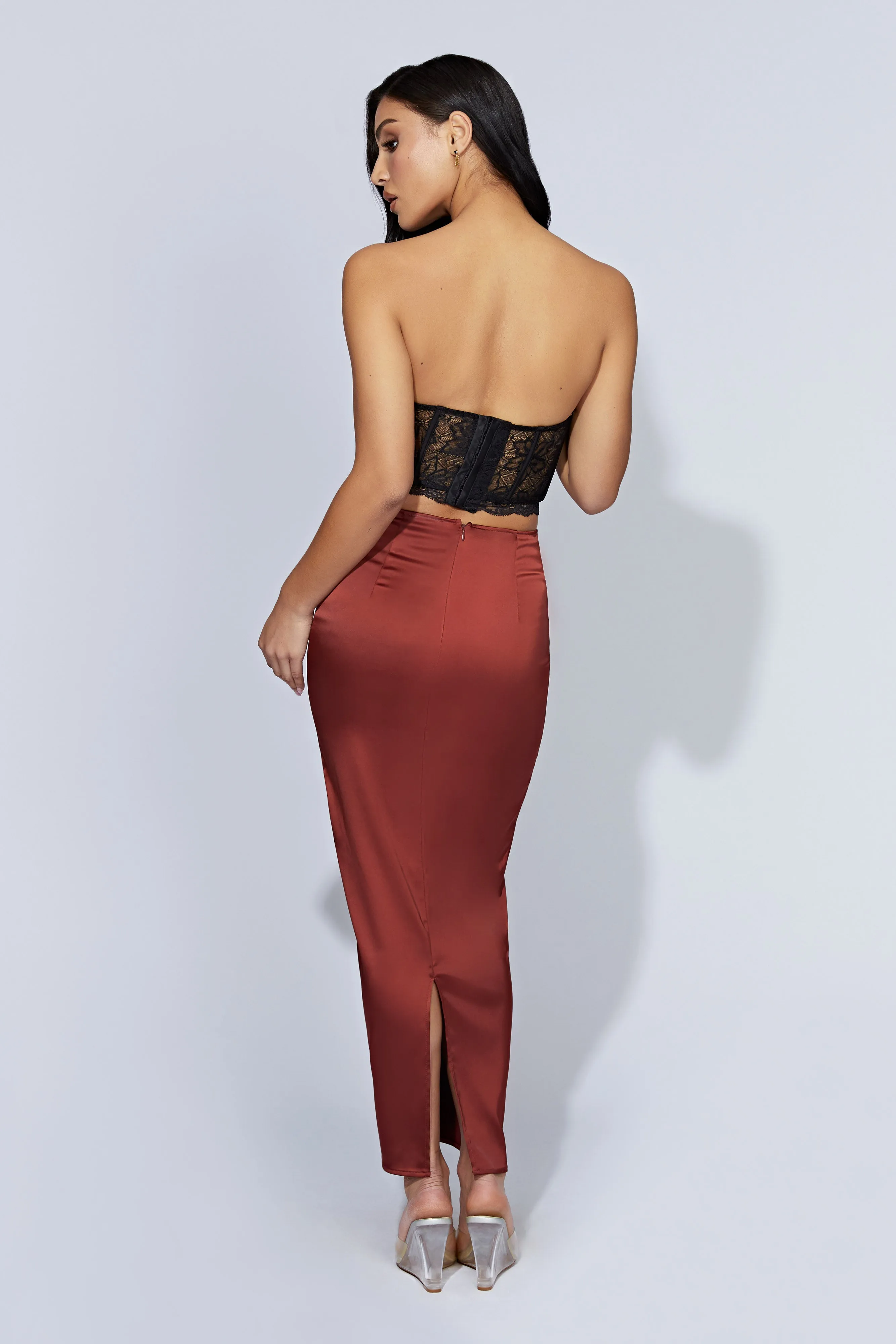 Mariah Maxi Satin Skirt - Cherry Chocolate sold by Meshki product image thumbnail 3