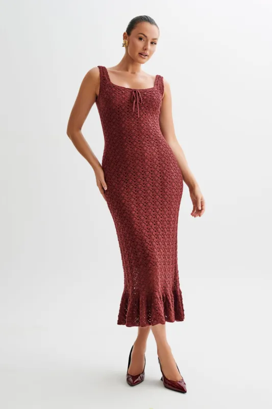 Sylvie Frill Knit Midi Dresses - Wine sold by Meshki