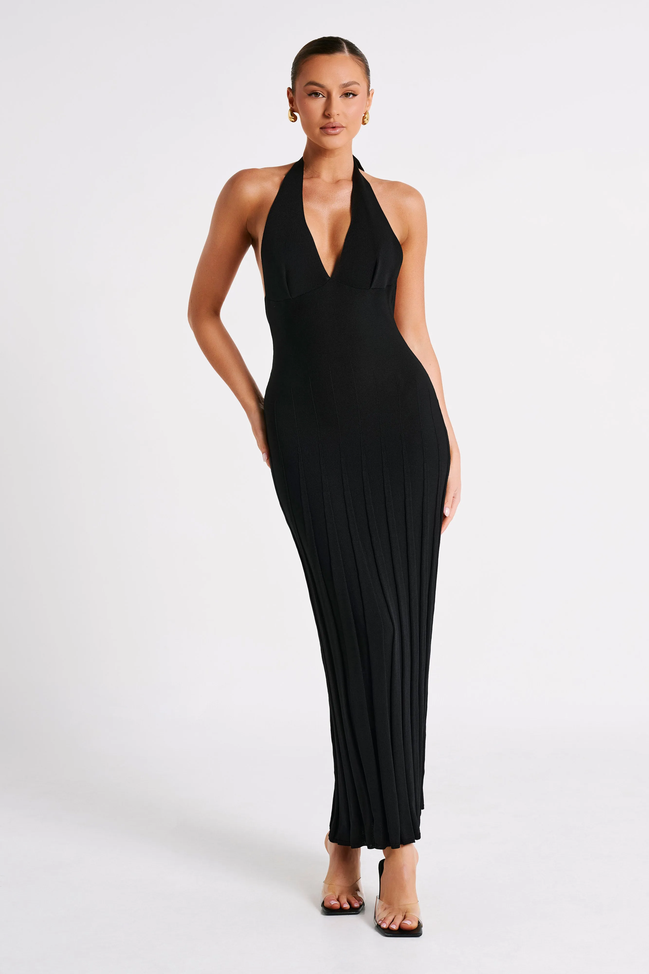 Caity Ribbed Halter Maxi Dress - Black sold by Meshki