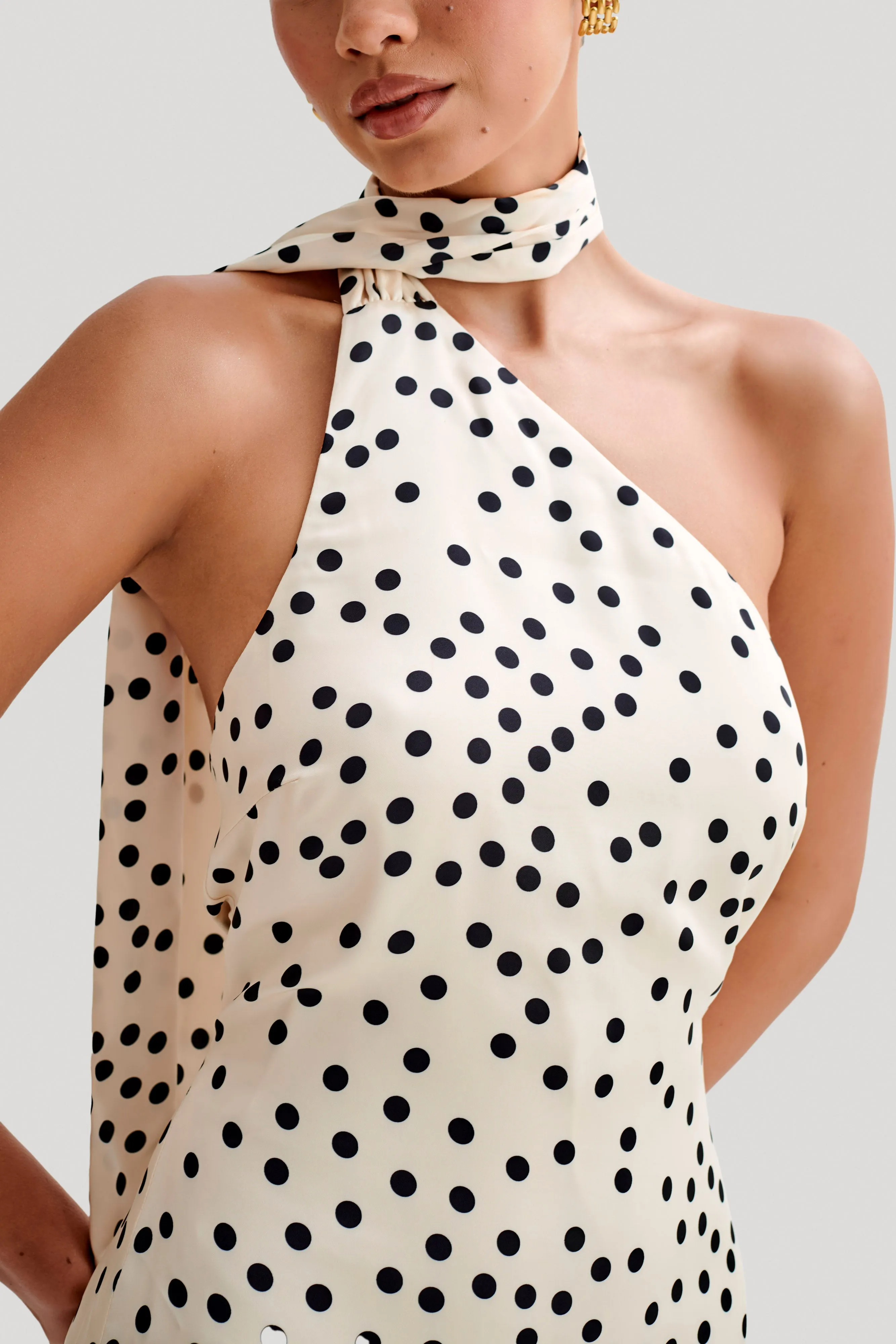 Joan Satin Asymmetrical Mini Dress - Polkadot sold by Meshki product image thumbnail 2