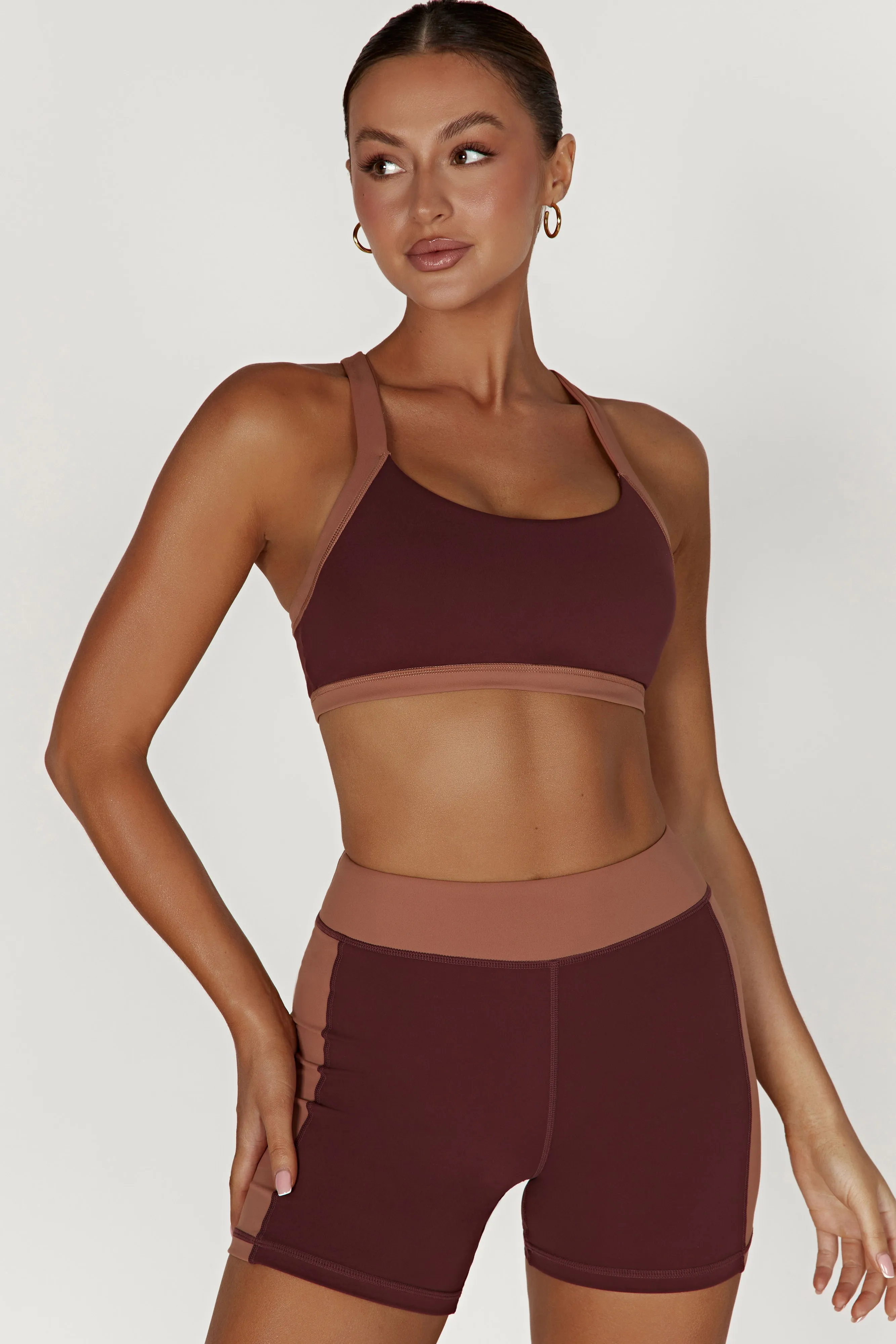 Becca Two Tone Cropped Sports Bra - Mahogany/Tan sold by Meshki