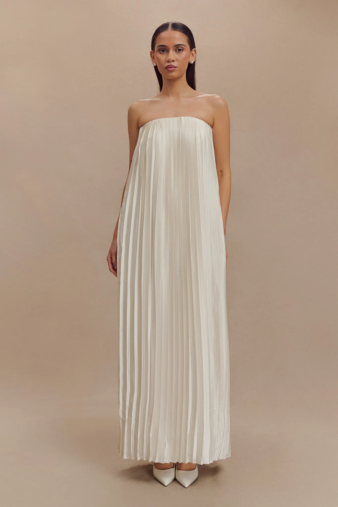 Myrah Plisse Strapless Maxi Dress - Ivory sold by Meshki