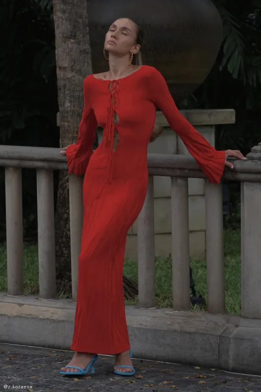 Brinley Long Sleeve Knit Maxi Dress - Red sold by Meshki