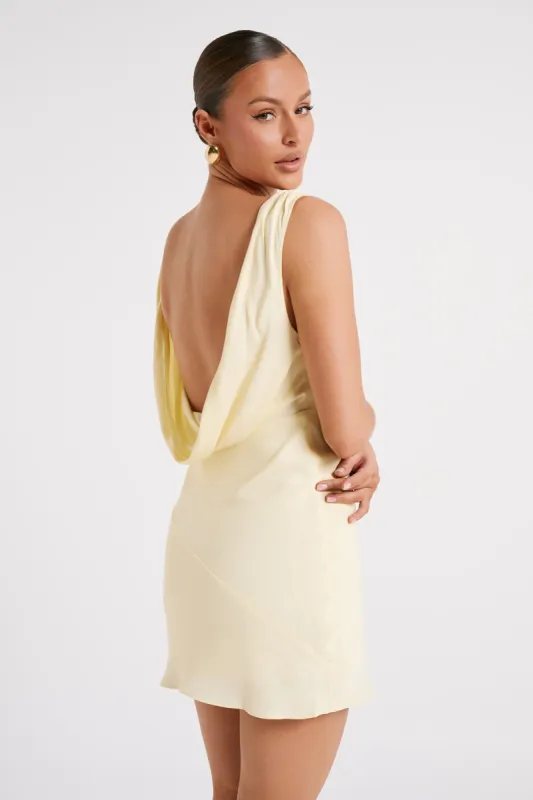 Nadia Satin Mini Dress With Cowl Back - Light Yellow sold by Meshki