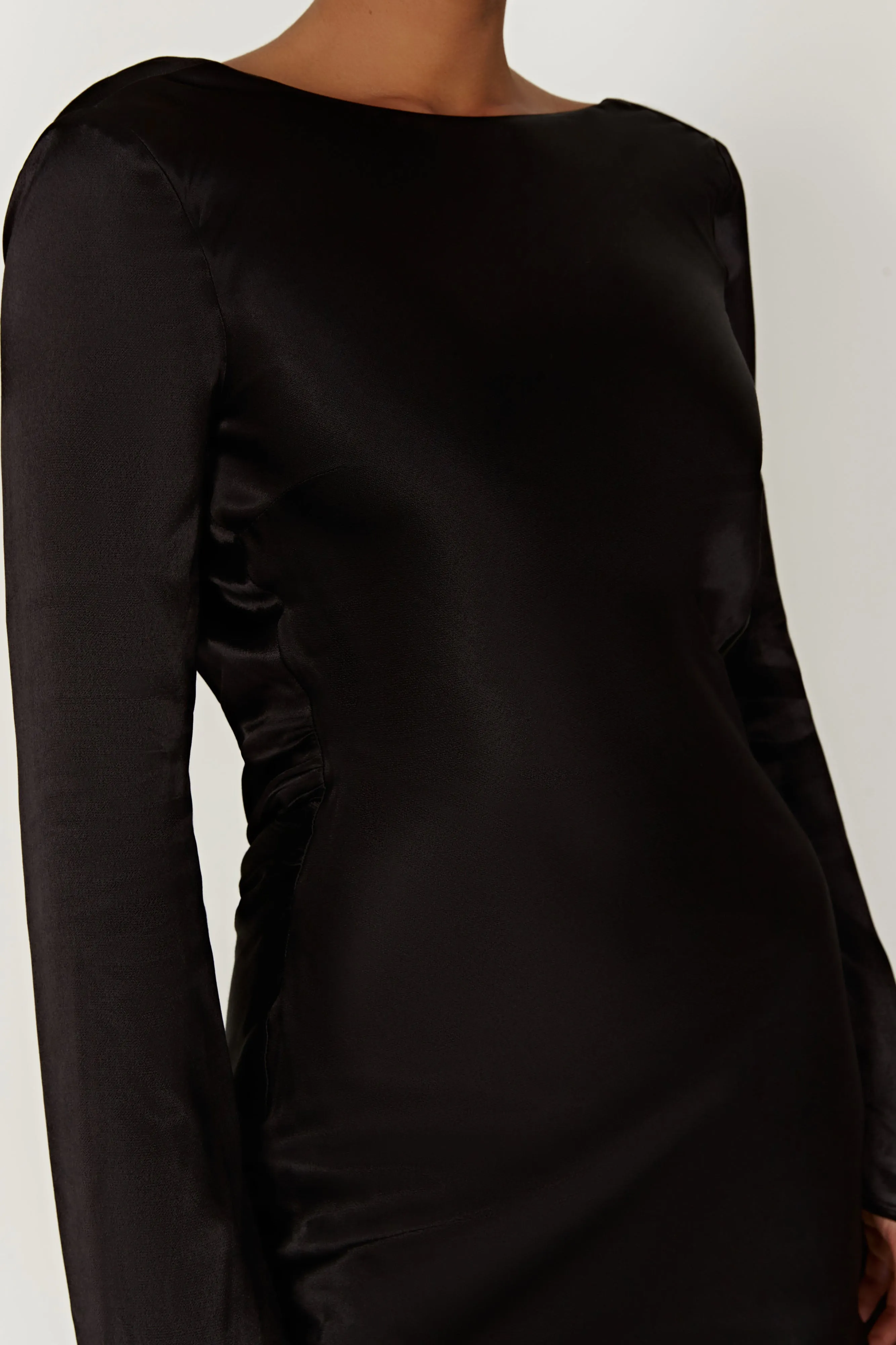 Davina Satin Long Sleeve Mini Dress - Black sold by Meshki product image thumbnail 2