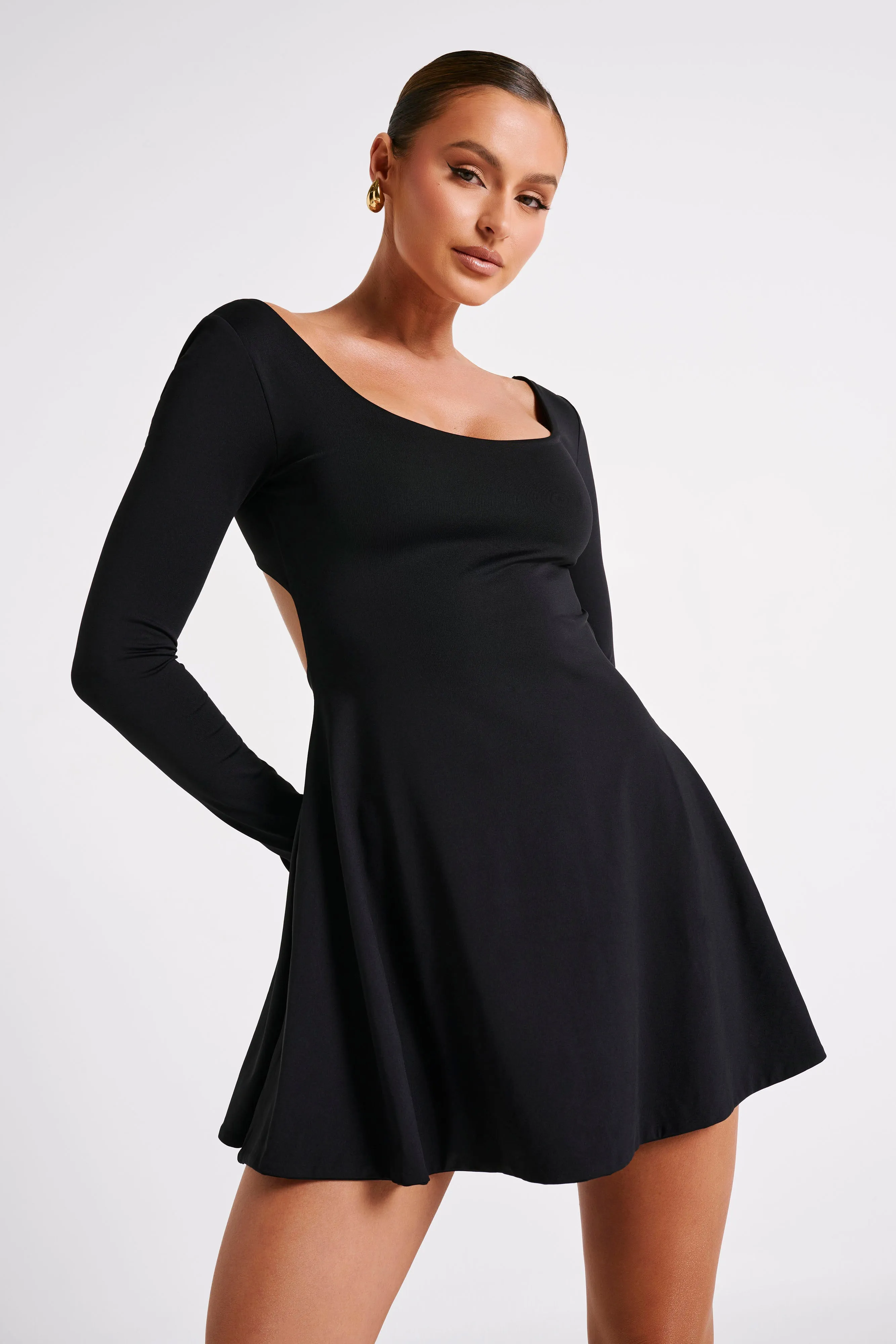 Renee Recycled Nylon Long Sleeve Mini Dress - Black sold by Meshki
