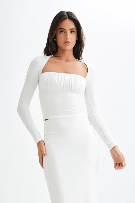 Billie Slinky Ruched Long Sleeve Top - White sold by Meshki