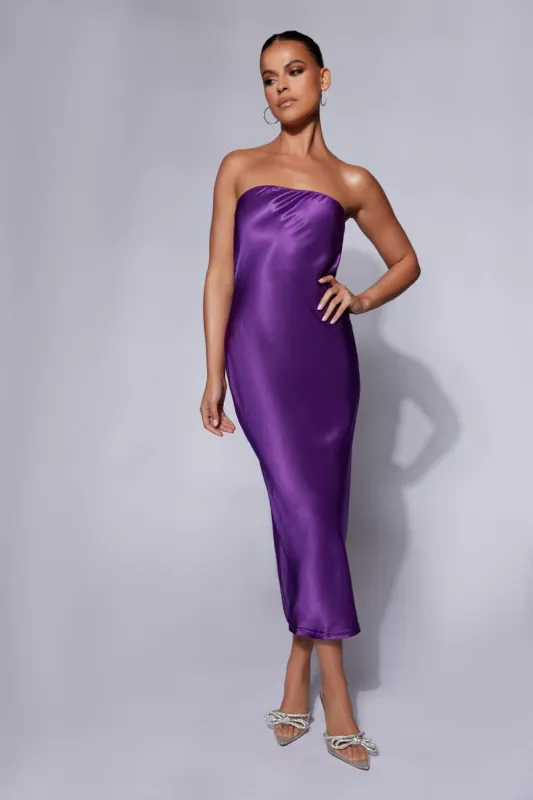 Tyler Strapless Satin Midi Dress - Grape sold by Meshki