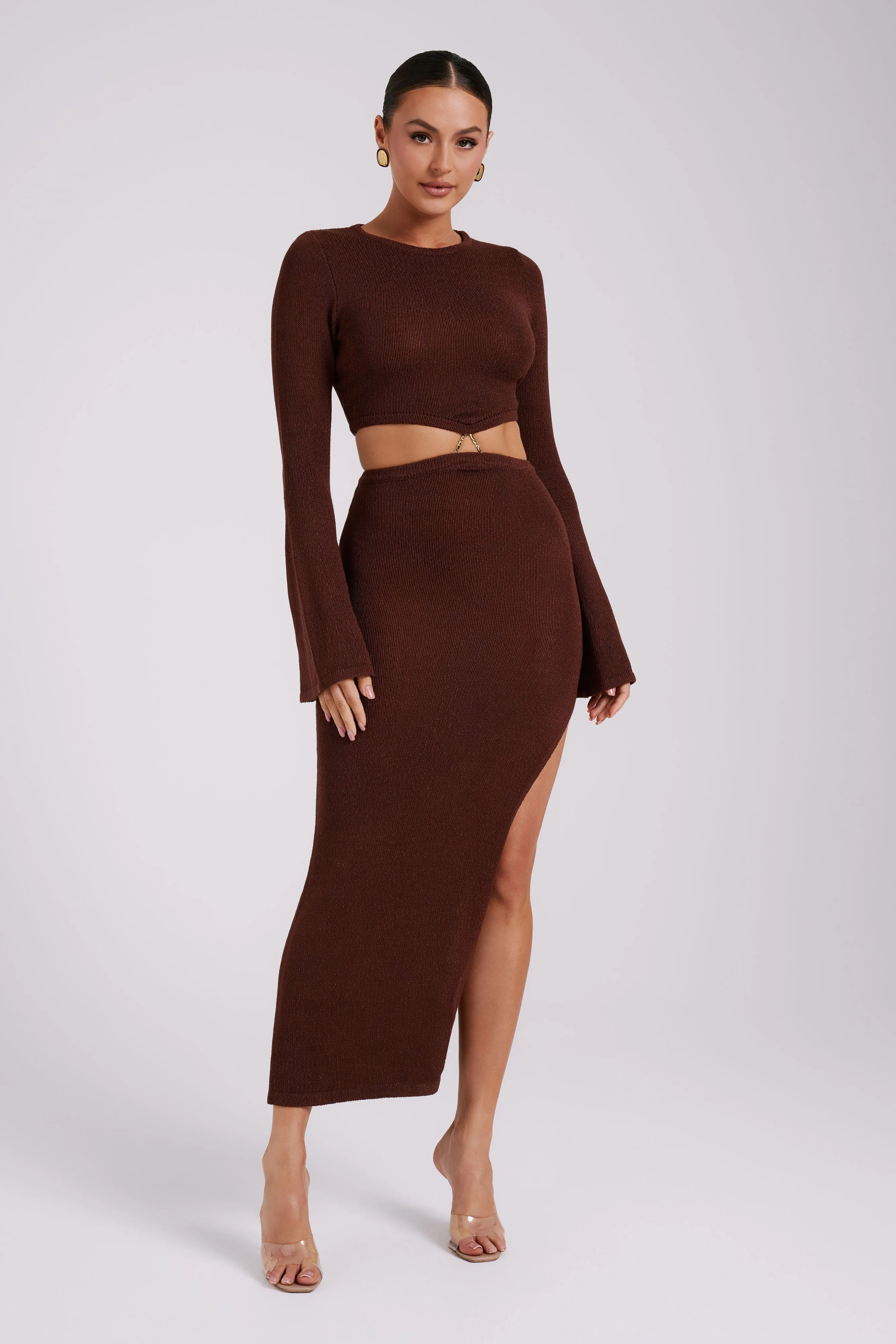 Anna Flare Sleeve Knit Dress - Chocolate sold by Meshki