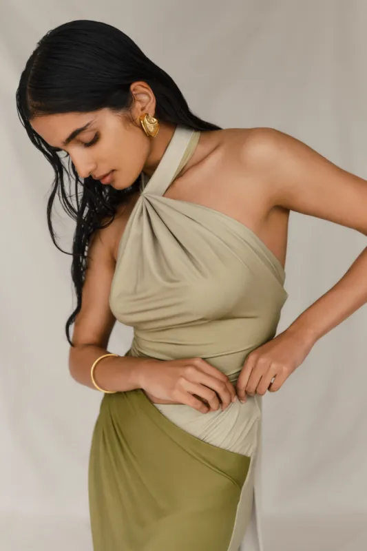 Bronwyn Slinky Halter Crop Top - Ombre Vintage Olive made by Meshki