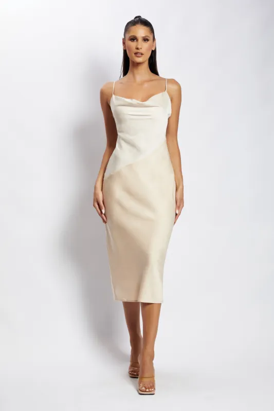 Maya Satin Colour Block Midi Dress - Champagne sold by Meshki