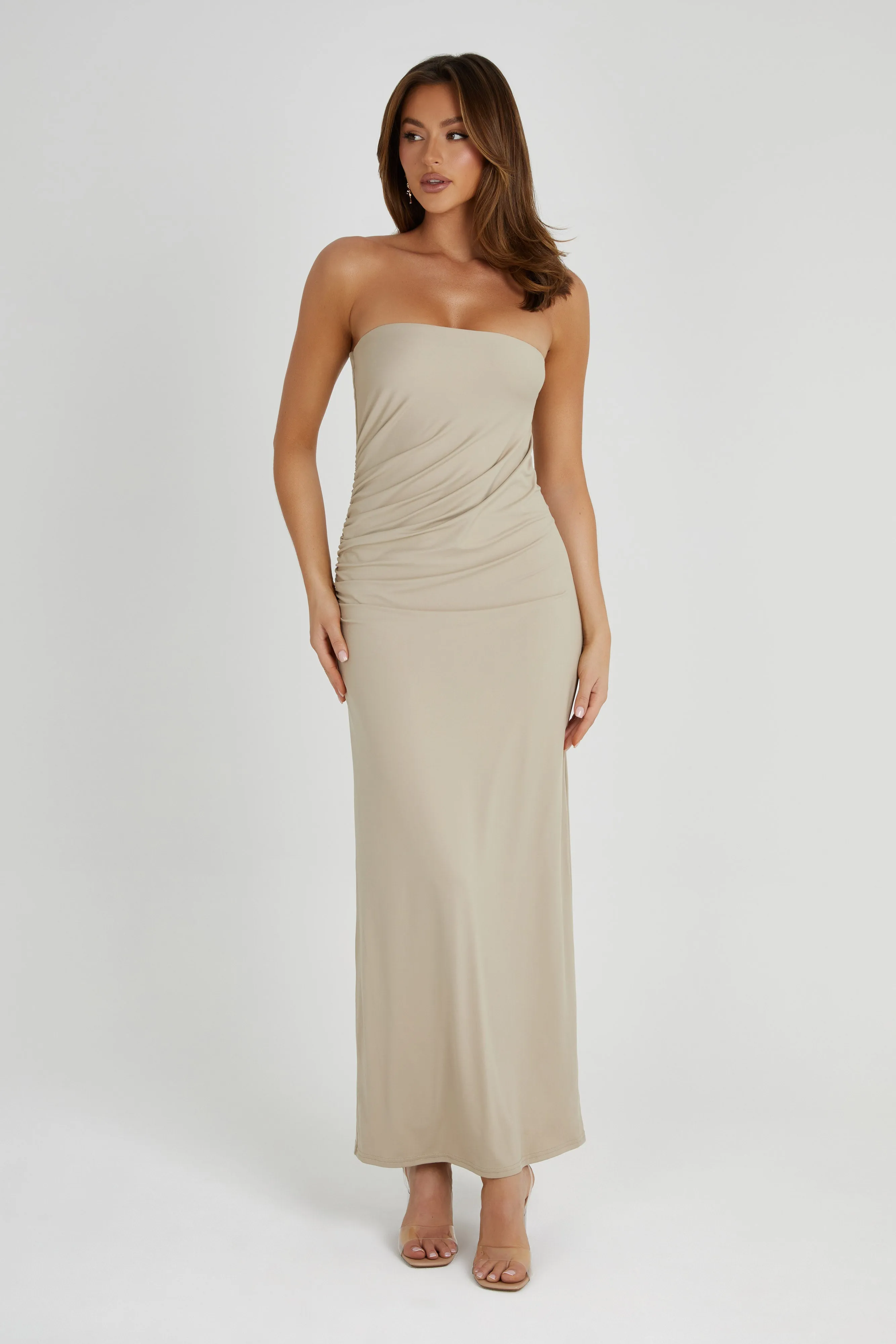 Astraea Recycled Nylon Drape Maxi Dress - Taupe sold by Meshki product image thumbnail 4