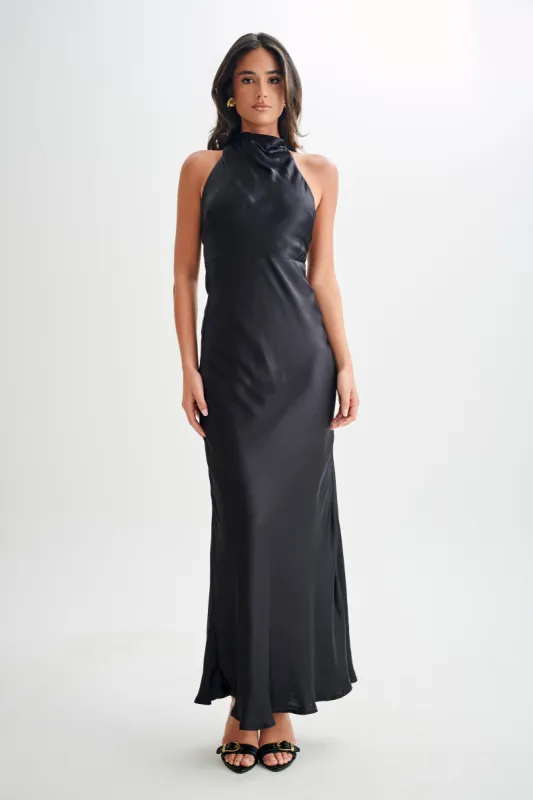 Esther Iridescent Satin Cowl Maxi Dress - Black sold by Meshki